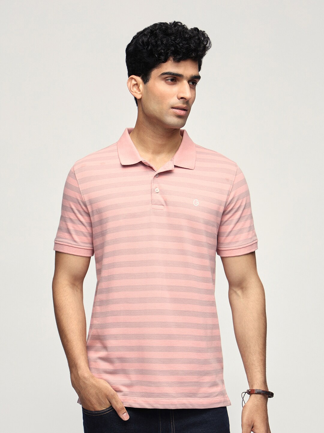 

Gloot Striped Polo Collar Casual T-shirt, Pink