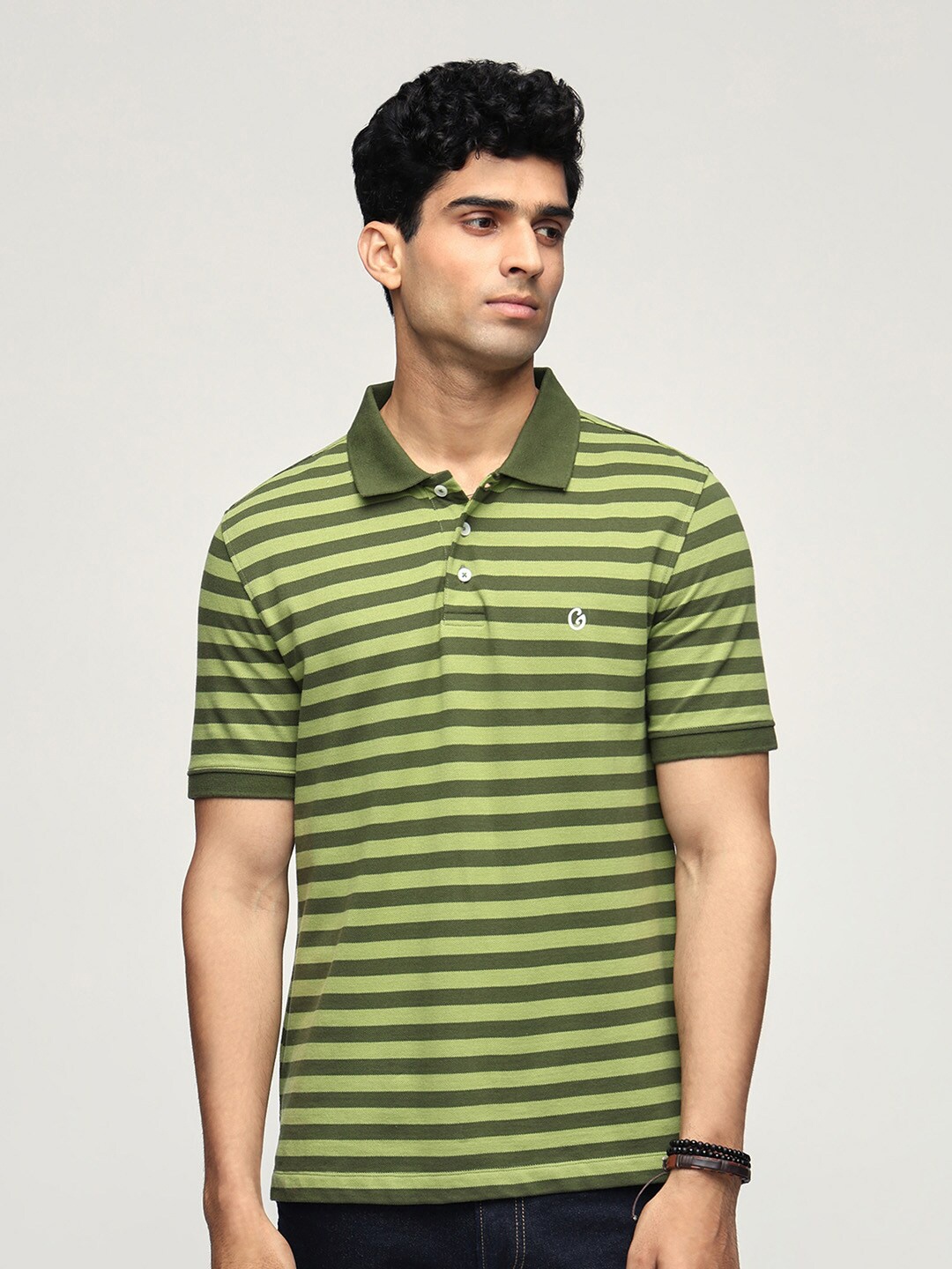 

Gloot Striped Polo Collar Casual T-shirt, Green