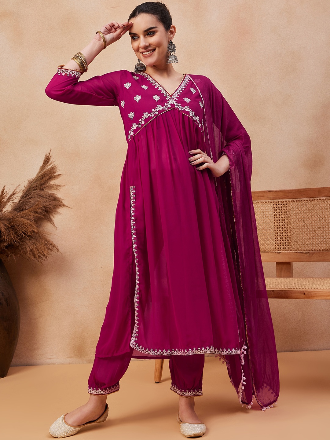 

KALINI V Neck Floral Embroidered Sequinned Anarkali Kurta with Trouser & Dupatta, Pink