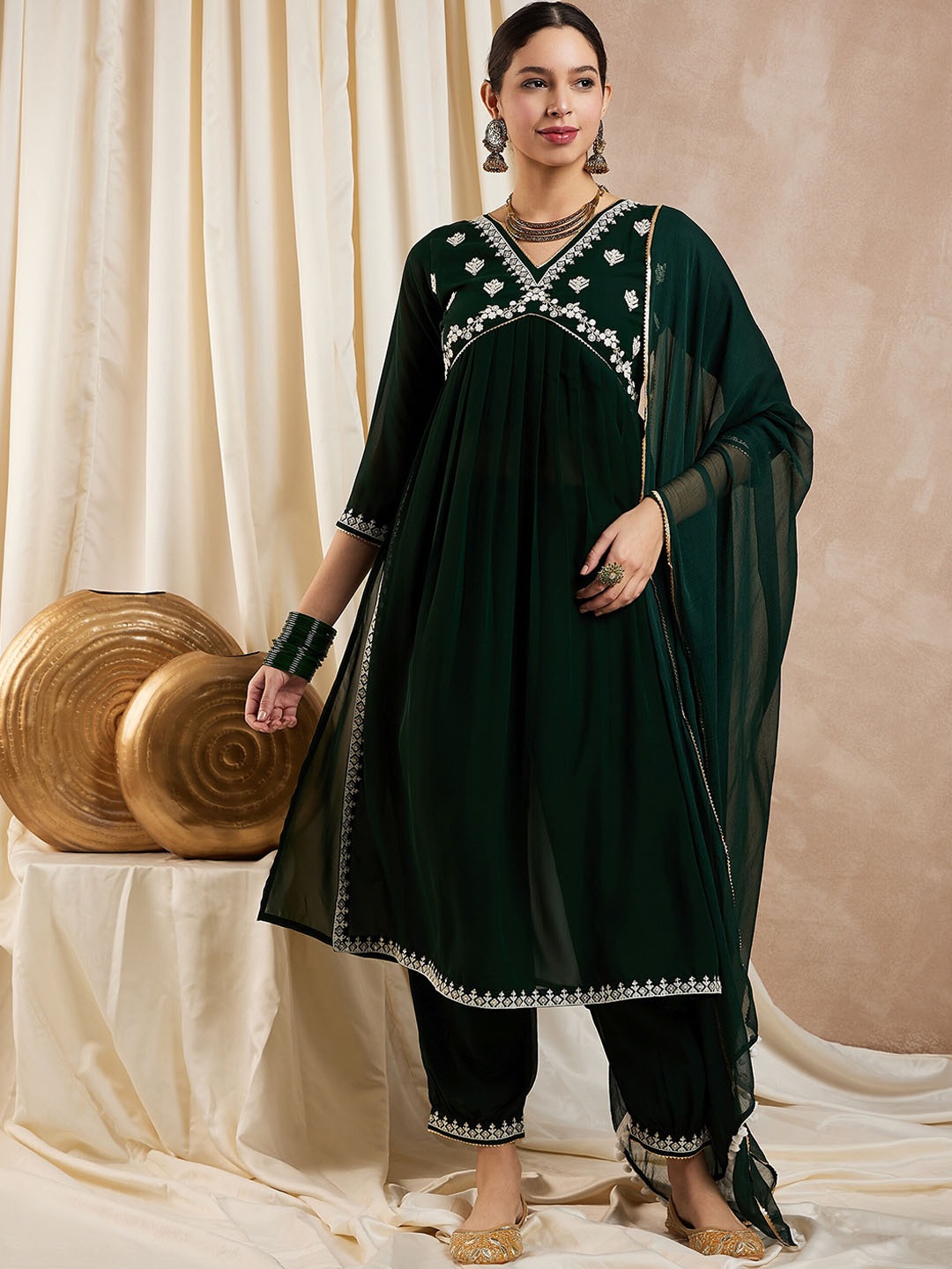 

KALINI Floral Embroidered Georgette Sequinned Anarkali Kurta With Trousers & Dupatta, Green