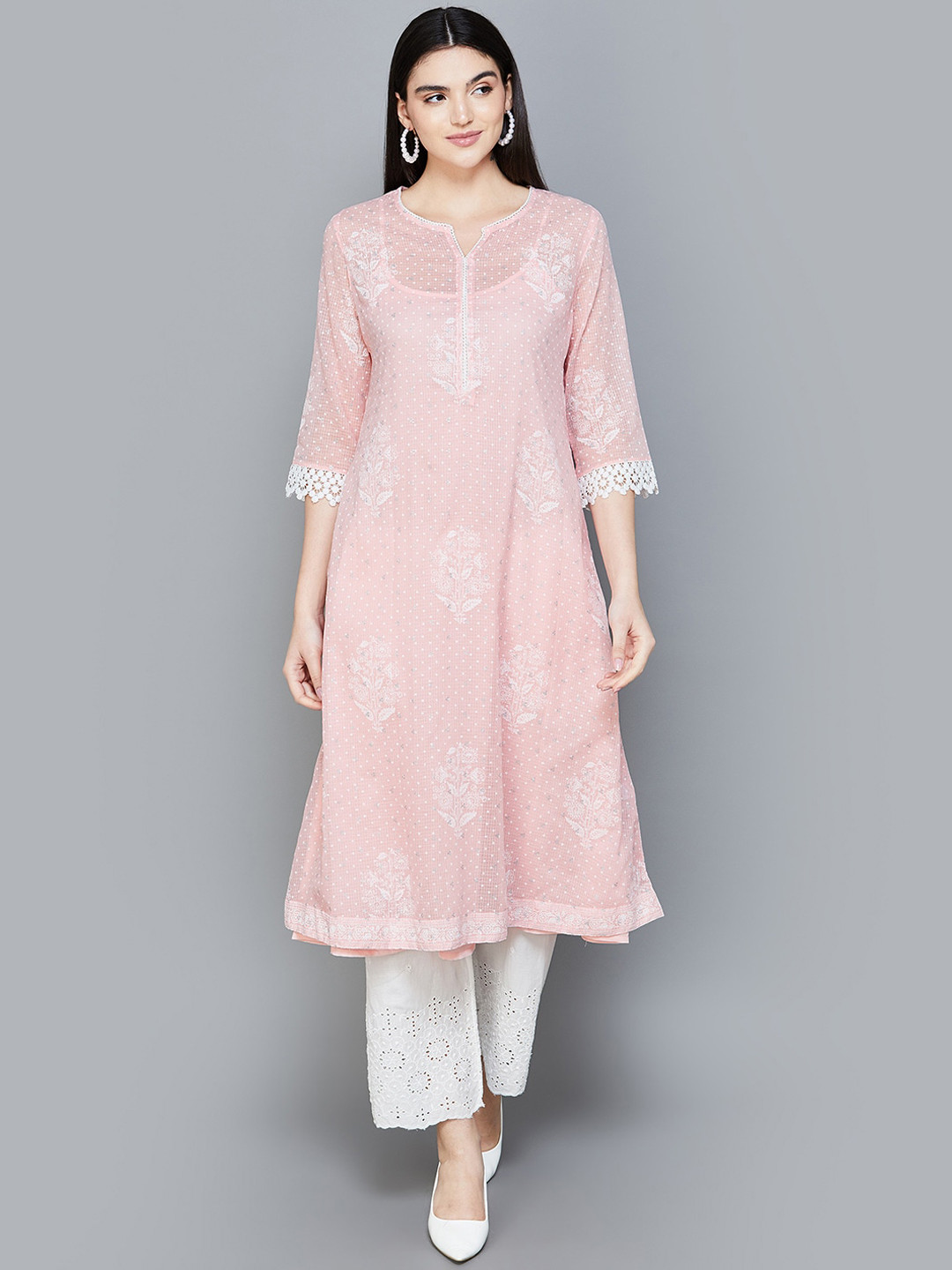 

Melange by Lifestyle Floral Printed Notched Neck Cotton A-Line Kurta With Slip, Pink