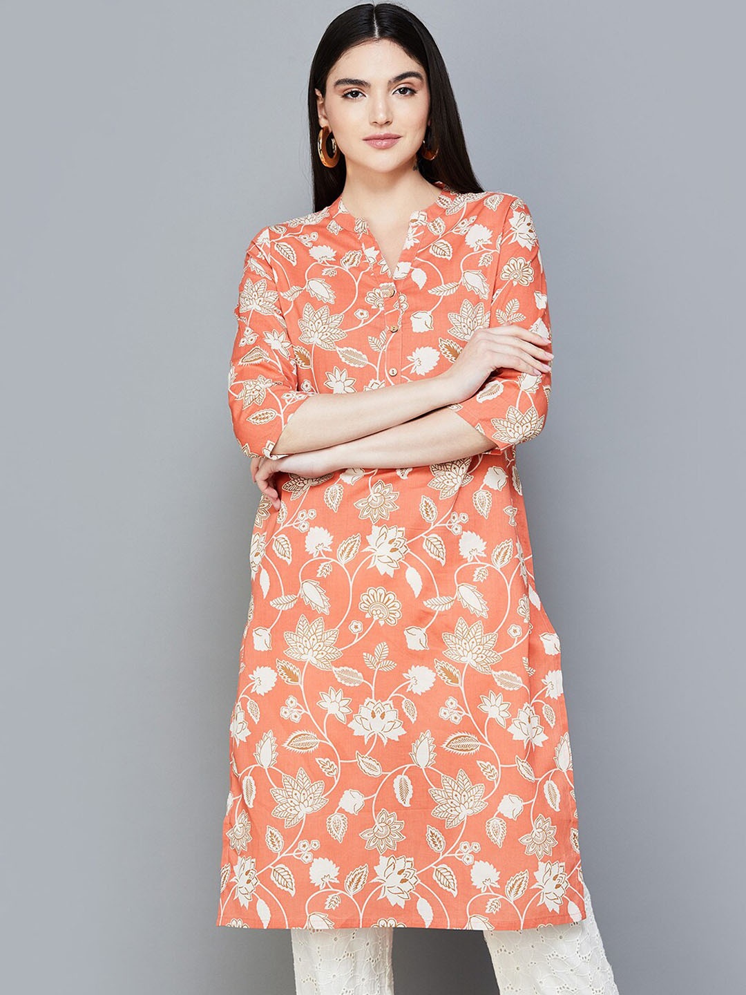 

Melange by Lifestyle Floral Printed Mandarin Collar Cotton Straight Kurta, Orange