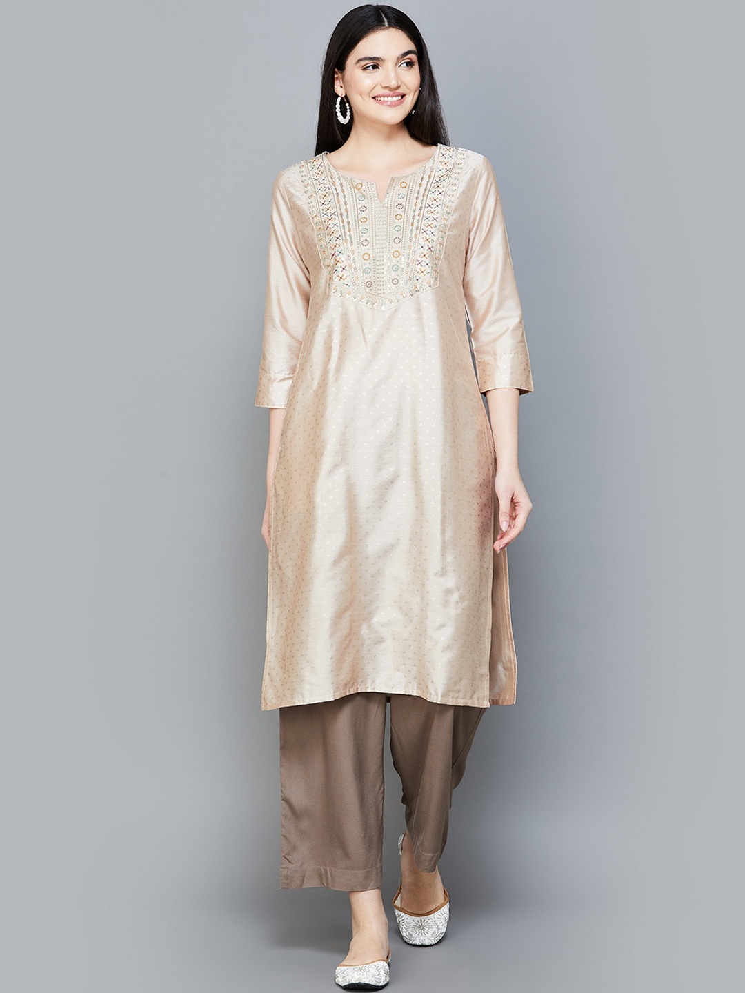 

Melange by Lifestyle Floral Embroidered Notched Neck Straight Kurta, Beige