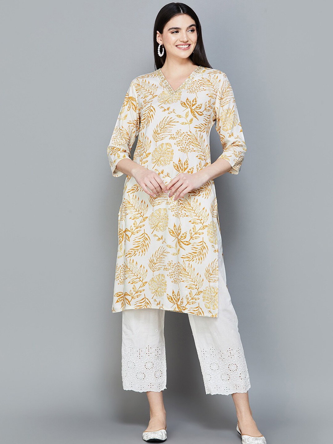 

Melange by Lifestyle Paisley Printed Beads And Stones Angrakha V-Neck A-Line Kurta, Yellow