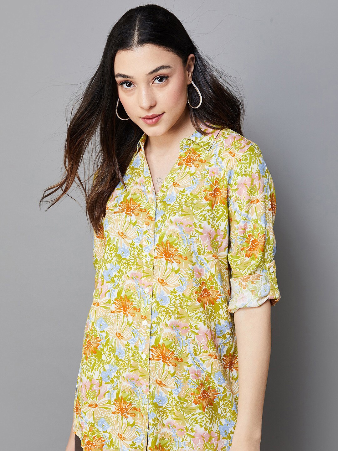 

Melange by Lifestyle Floral Printed Shirt Collar Roll-Up Sleeves Kurti, Yellow