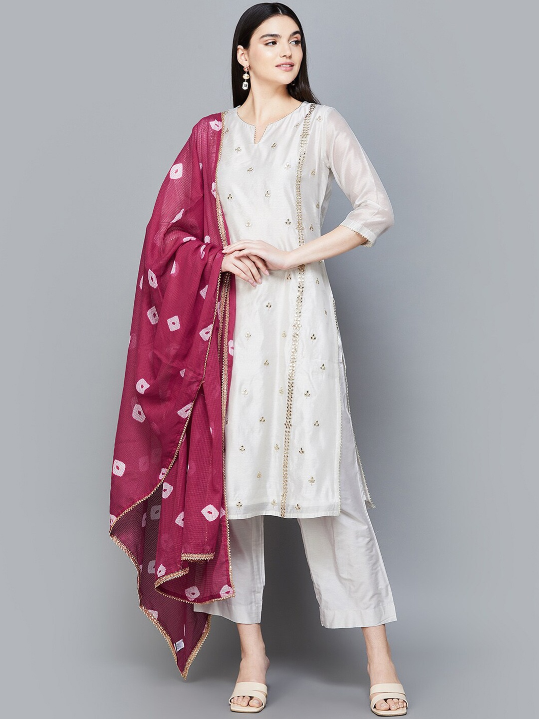 

Melange by Lifestyle Embroidered Chanderi Silk Straight Kurta & Pyjamas With Dupatta, Off white