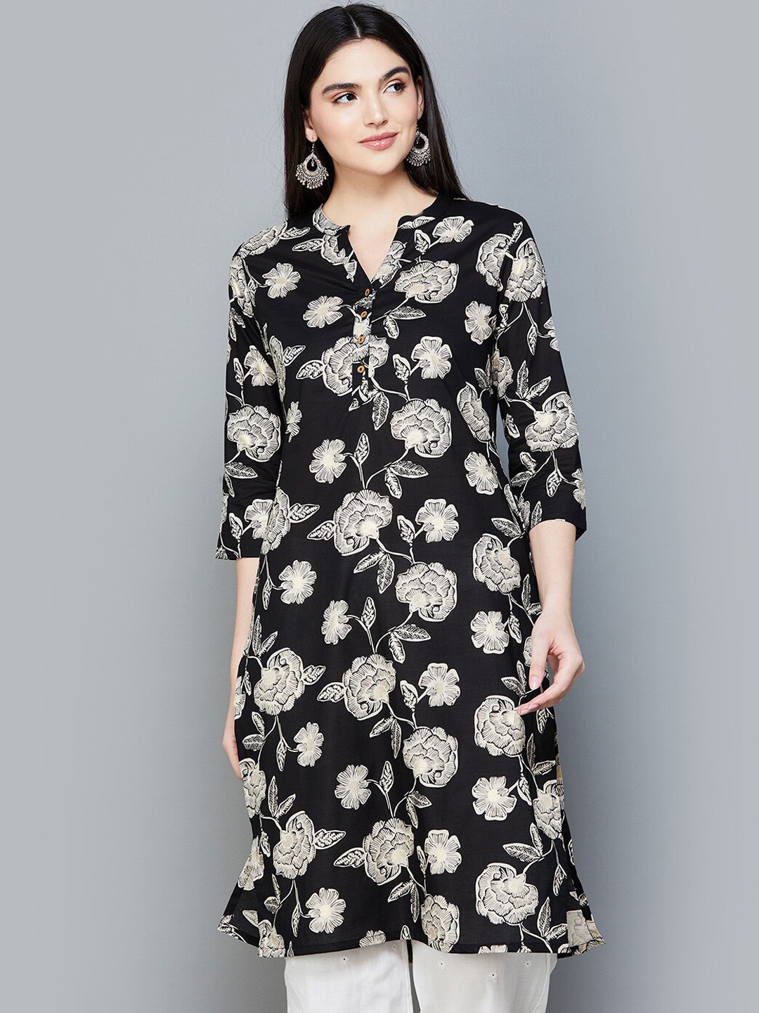 

Melange by Lifestyle Floral Printed Mandarin Collar Cotton Straight Kurta, Black