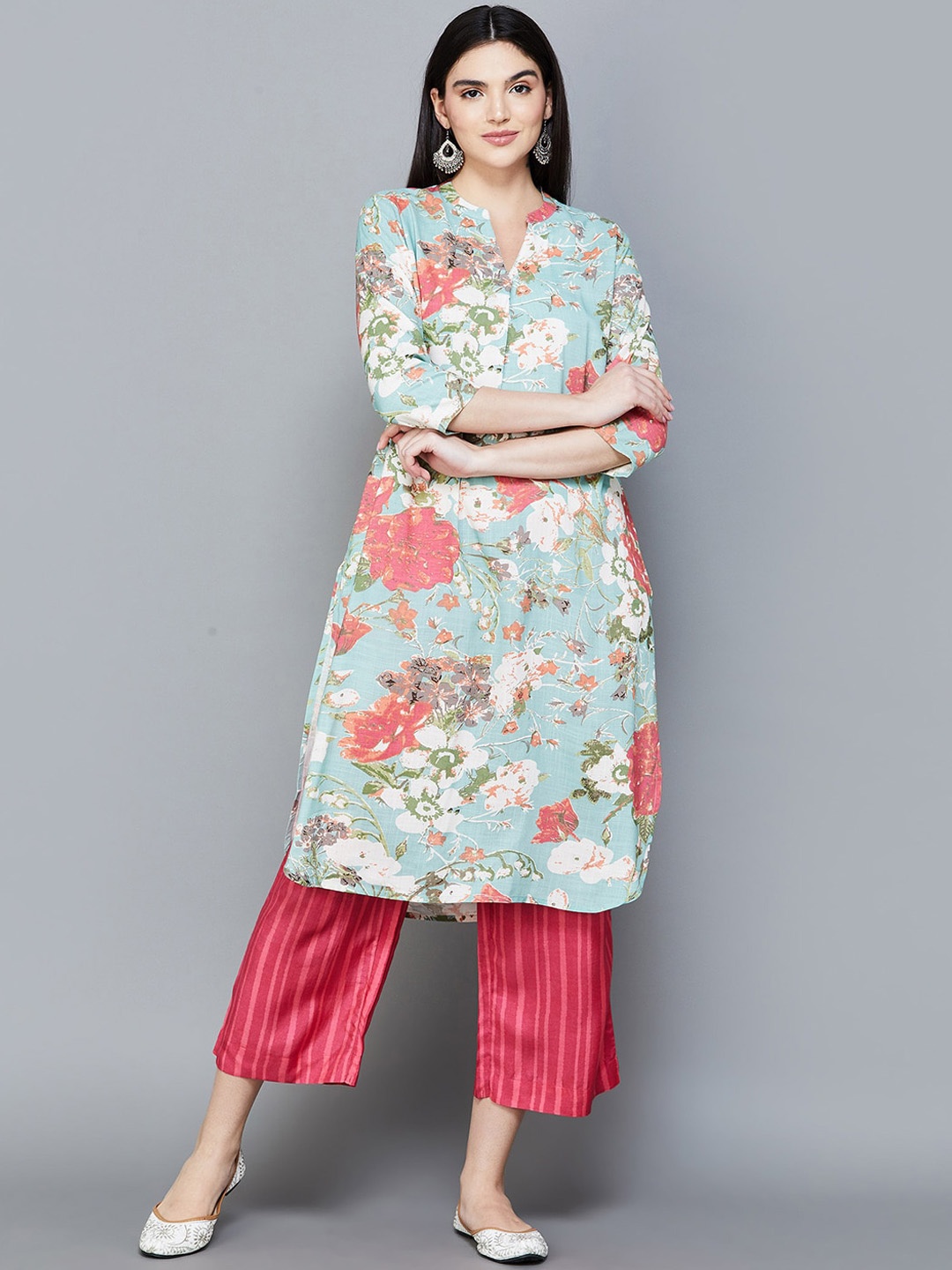 

Melange by Lifestyle Floral Printed Mandarin Collar Straight Kurta, Blue