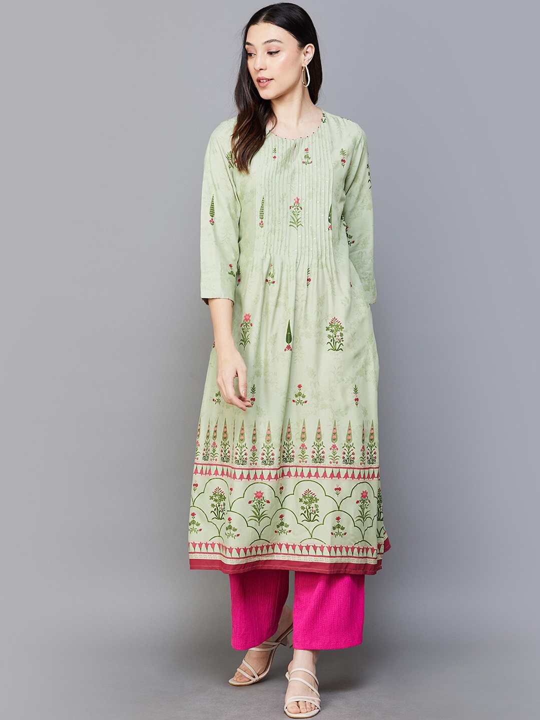 

Melange by Lifestyle Floral Embroidered Thread Work Empire A-Line Kurta, Olive