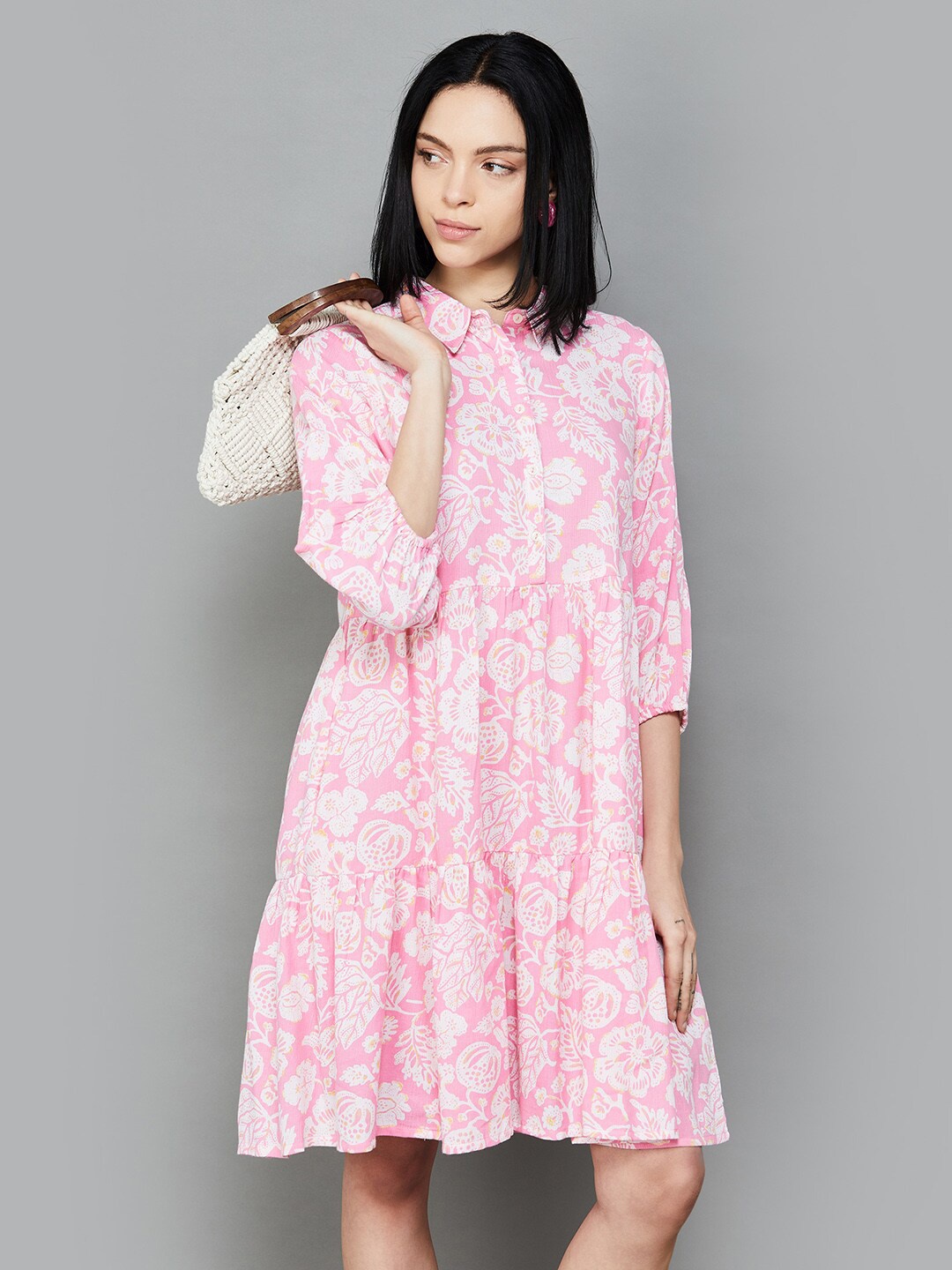 

Colour Me by Melange Floral Printed Shirt Collar A-Line Dress, Pink