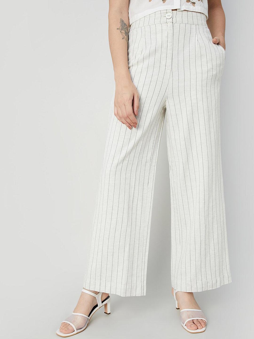 

CODE by Lifestyle Women Striped Mid Rise Pleated Trousers, Beige