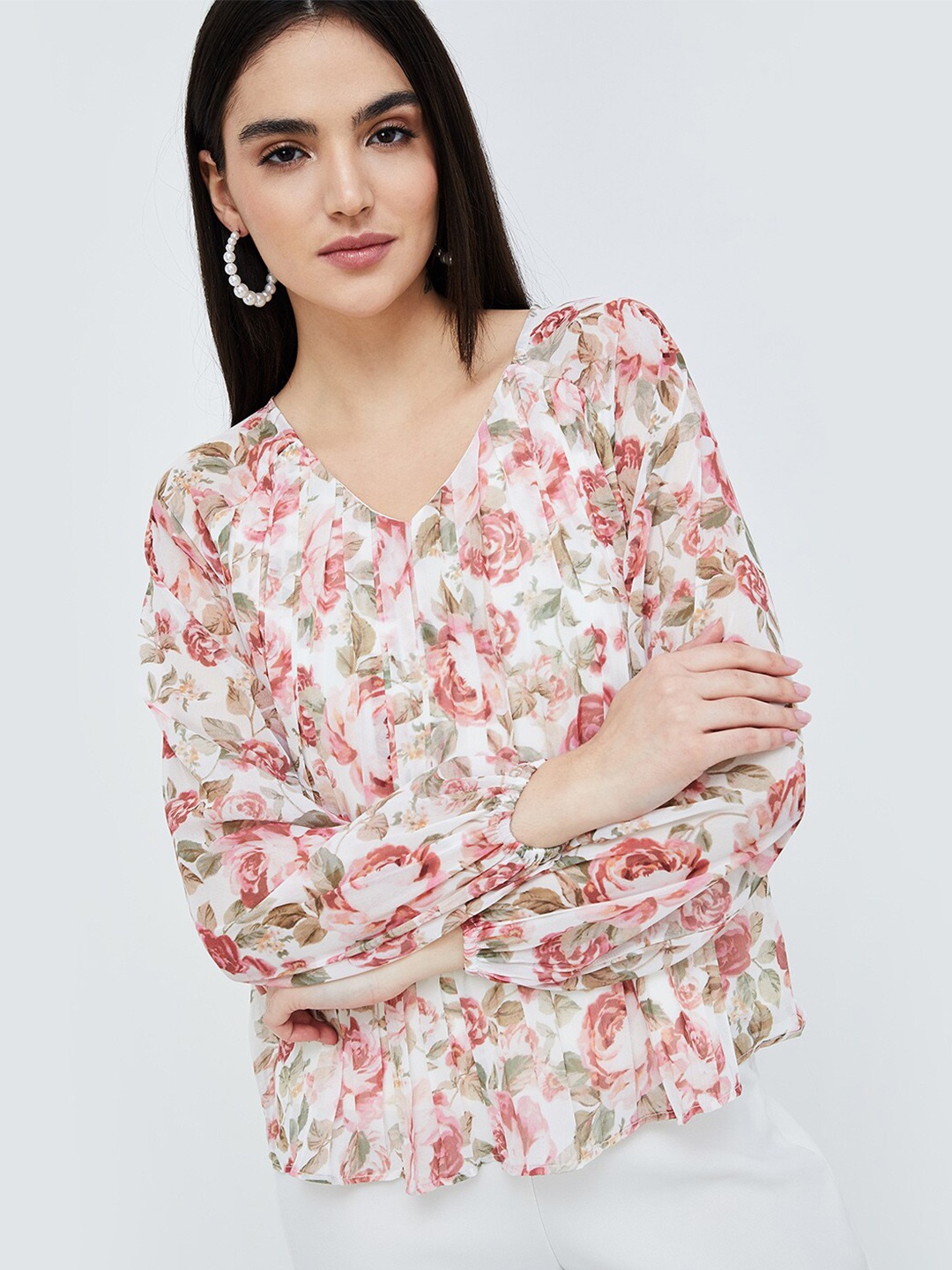 

CODE by Lifestyle Floral Printed Puff Sleeve Top, White