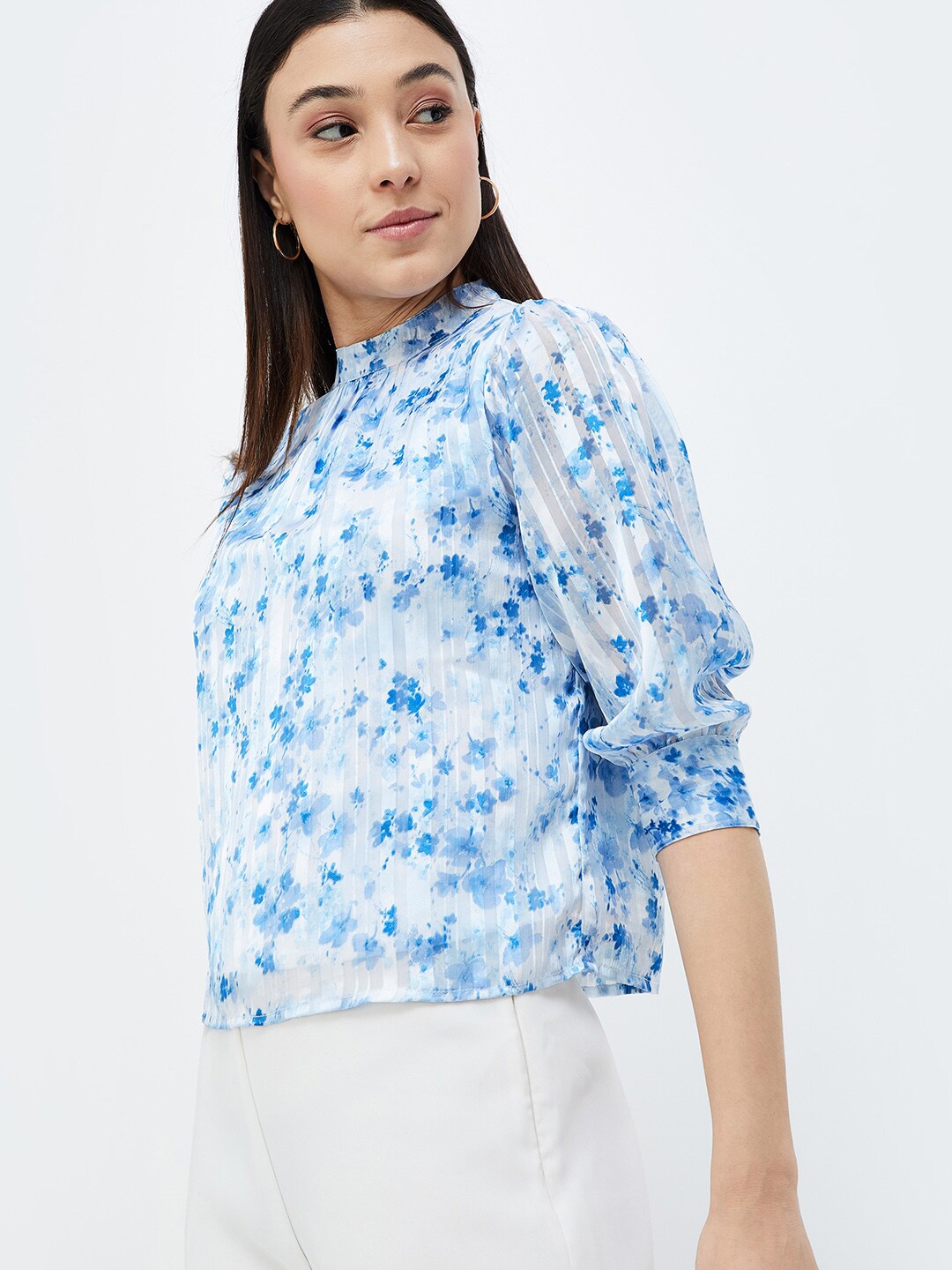 

CODE by Lifestyle Floral Printed High Neck Puff Sleeve Shirt Style Top, Blue