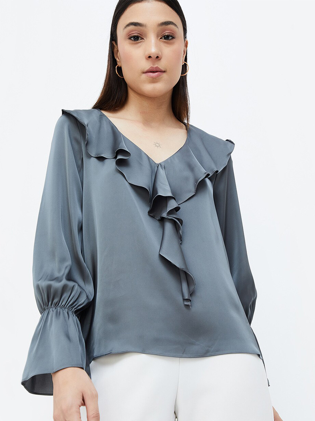

CODE by Lifestyle V-neck Bell Sleeve Ruffled Top, Grey