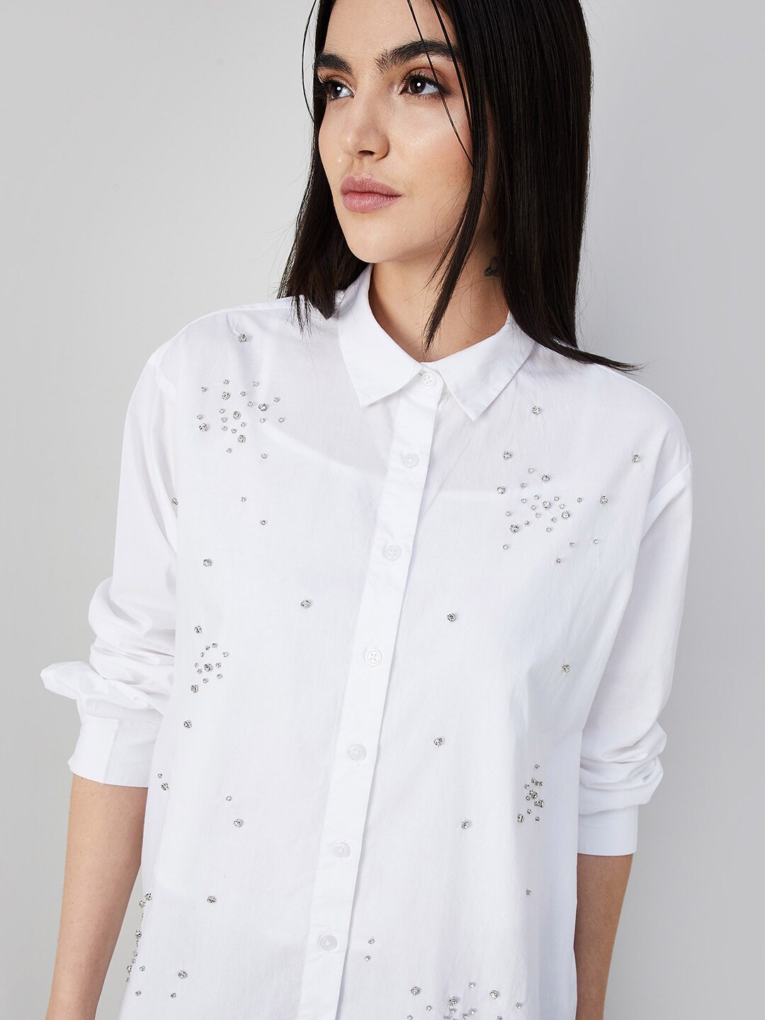 

CODE by Lifestyle Embellished Cuffed Sleeves Pure Cotton Shirt Style Top, Off white