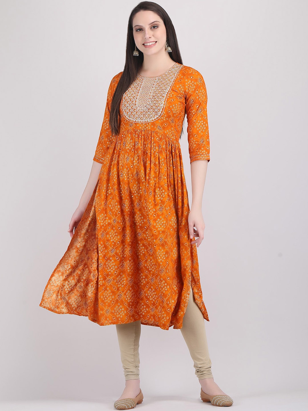 ANUTTARA FASHIONS Bandhani Printed Thread Work A-Line Kurta, Mustard