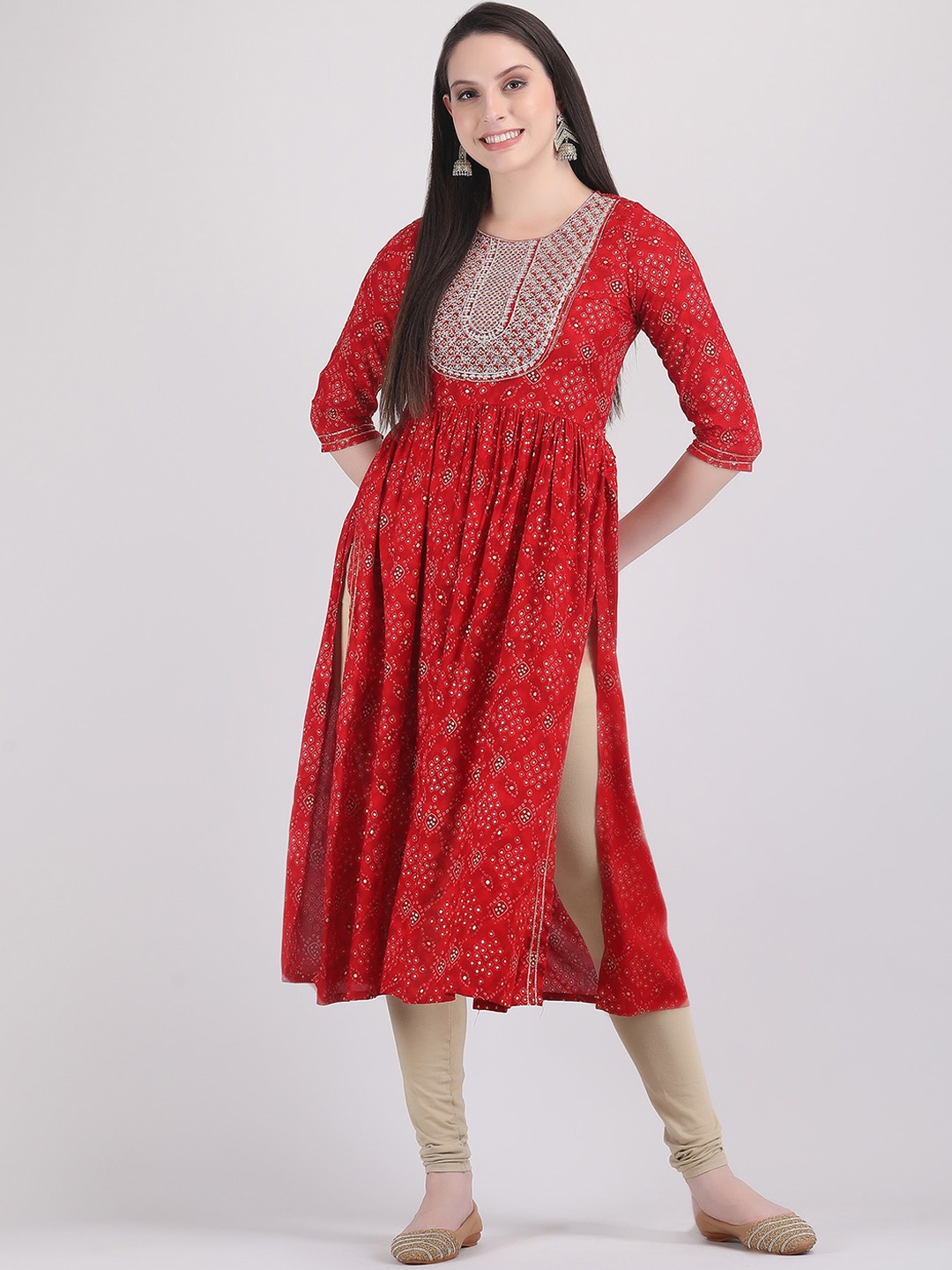 

ANUTTARA FASHIONS Ethnic Motifs Printed Thread Work A-Line Kurta, Red