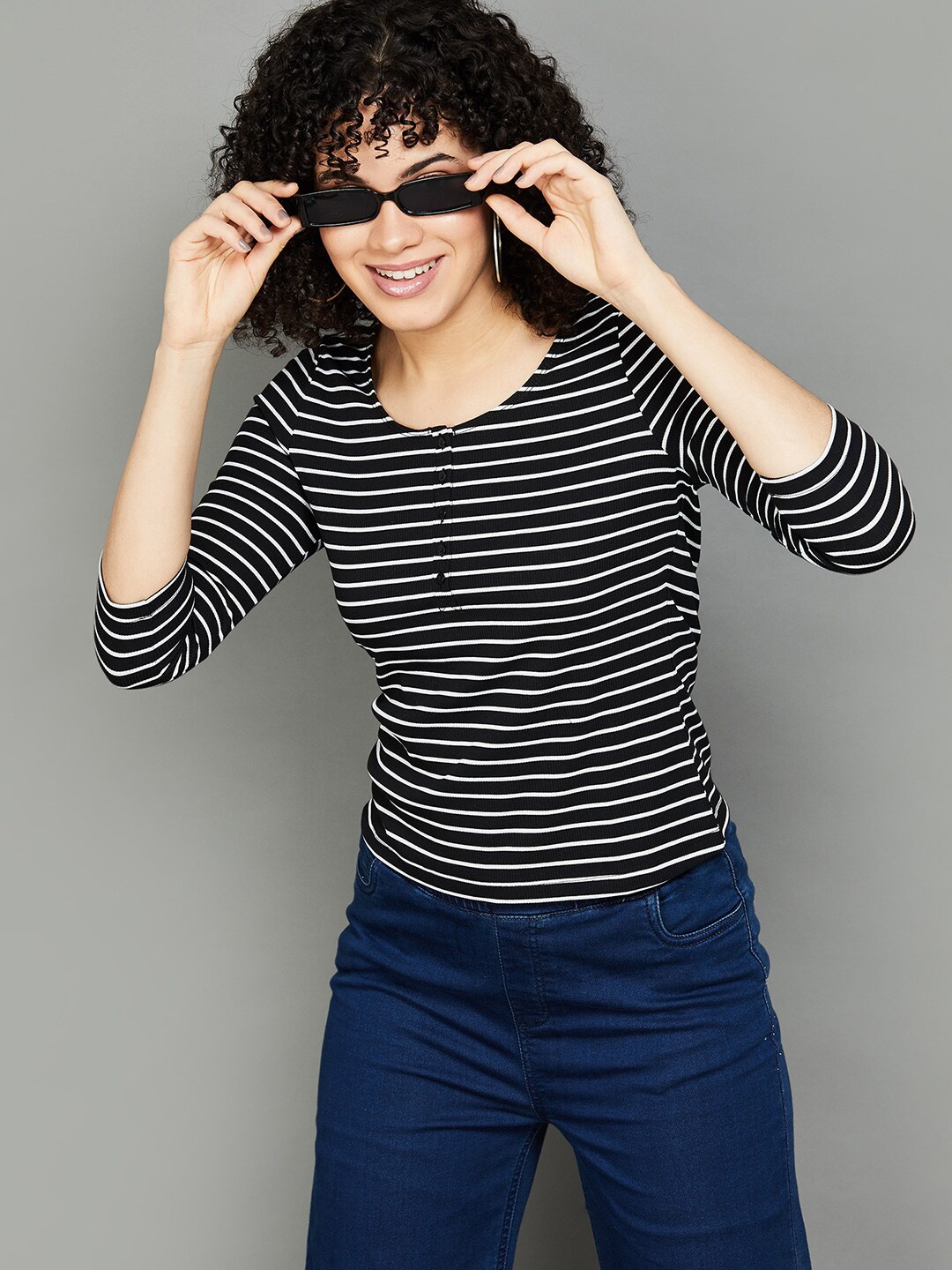

Fame Forever by Lifestyle Horizontal Striped Monochrome Fitted Top, Black