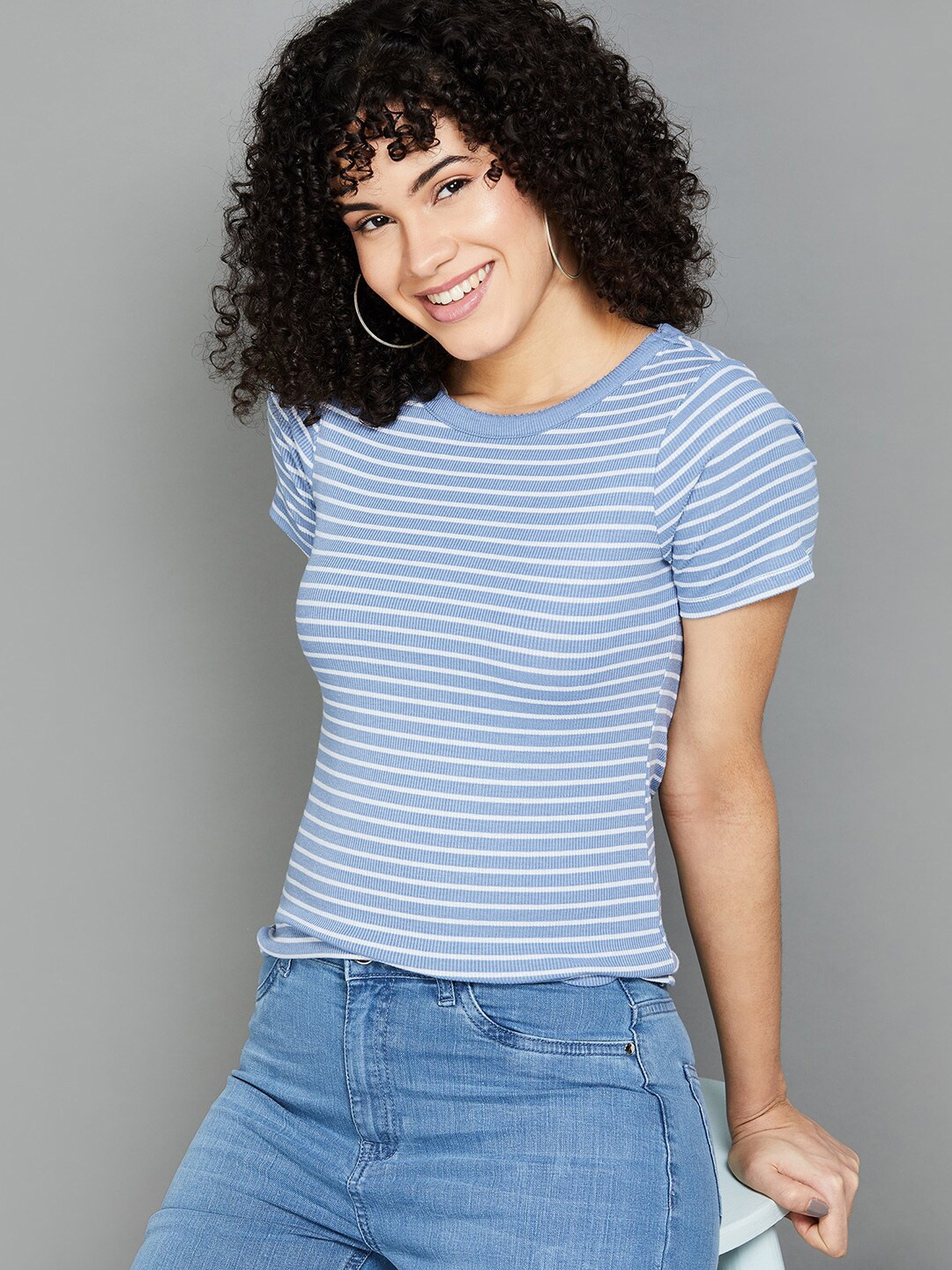 

Fame Forever by Lifestyle Striped Round Neck Fitted Top, Blue