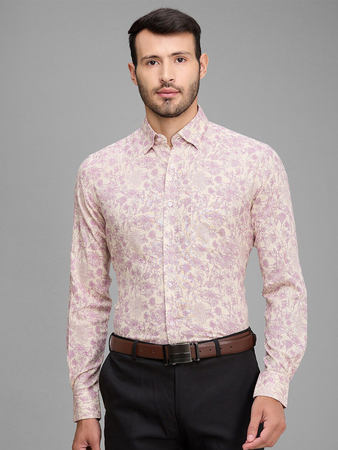 

Raymond Contemporary Fit Floral Printed Button-Down Collar Formal Shirt, Violet