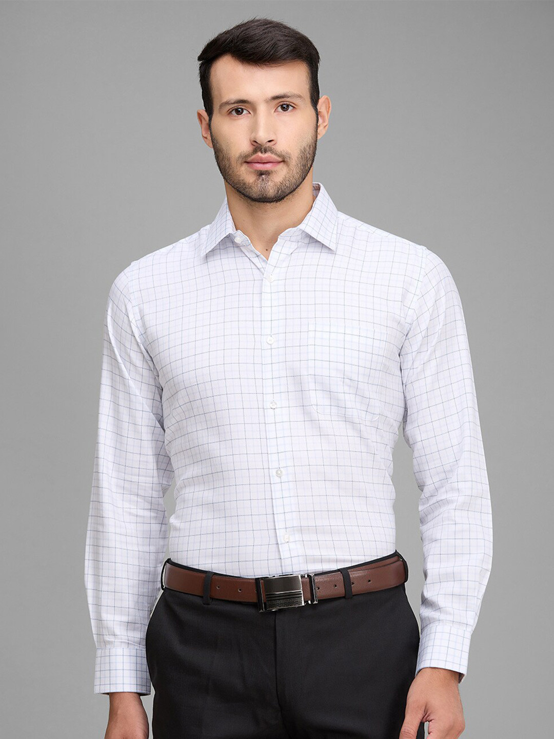 

Raymond Contemporary Fit Checked Spread Collar Cotton Formal Shirt, Blue