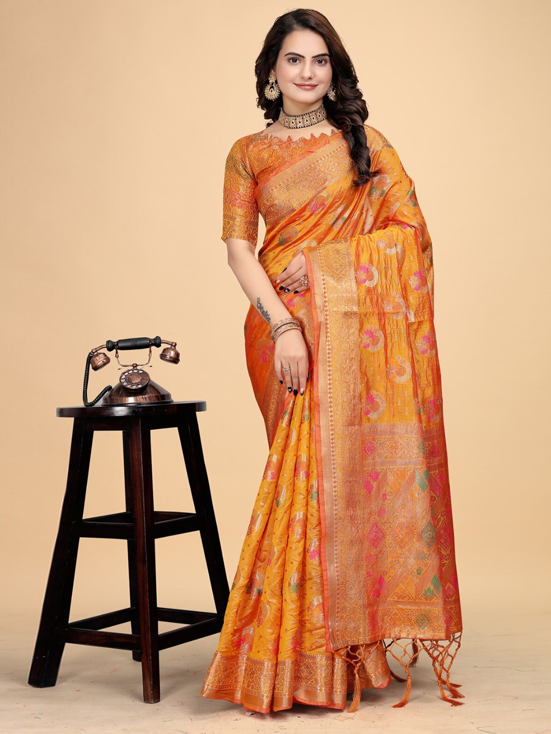 

K 5 Fashion Ethnic Motifs Woven Design Zari Organza Saree, Orange