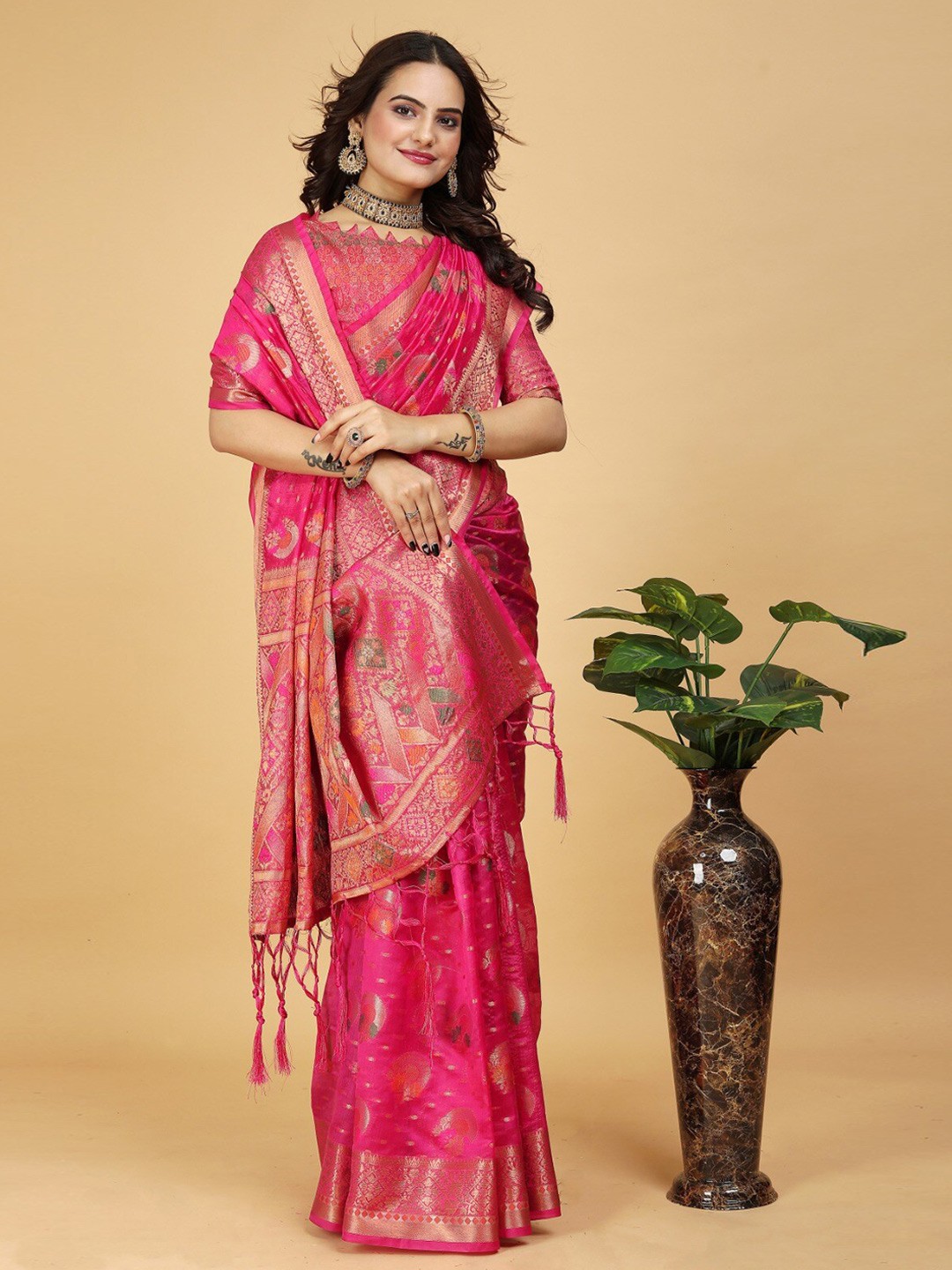 

K 5 Fashion Ethnic Motifs Woven Design Zari Organza Saree, Rose