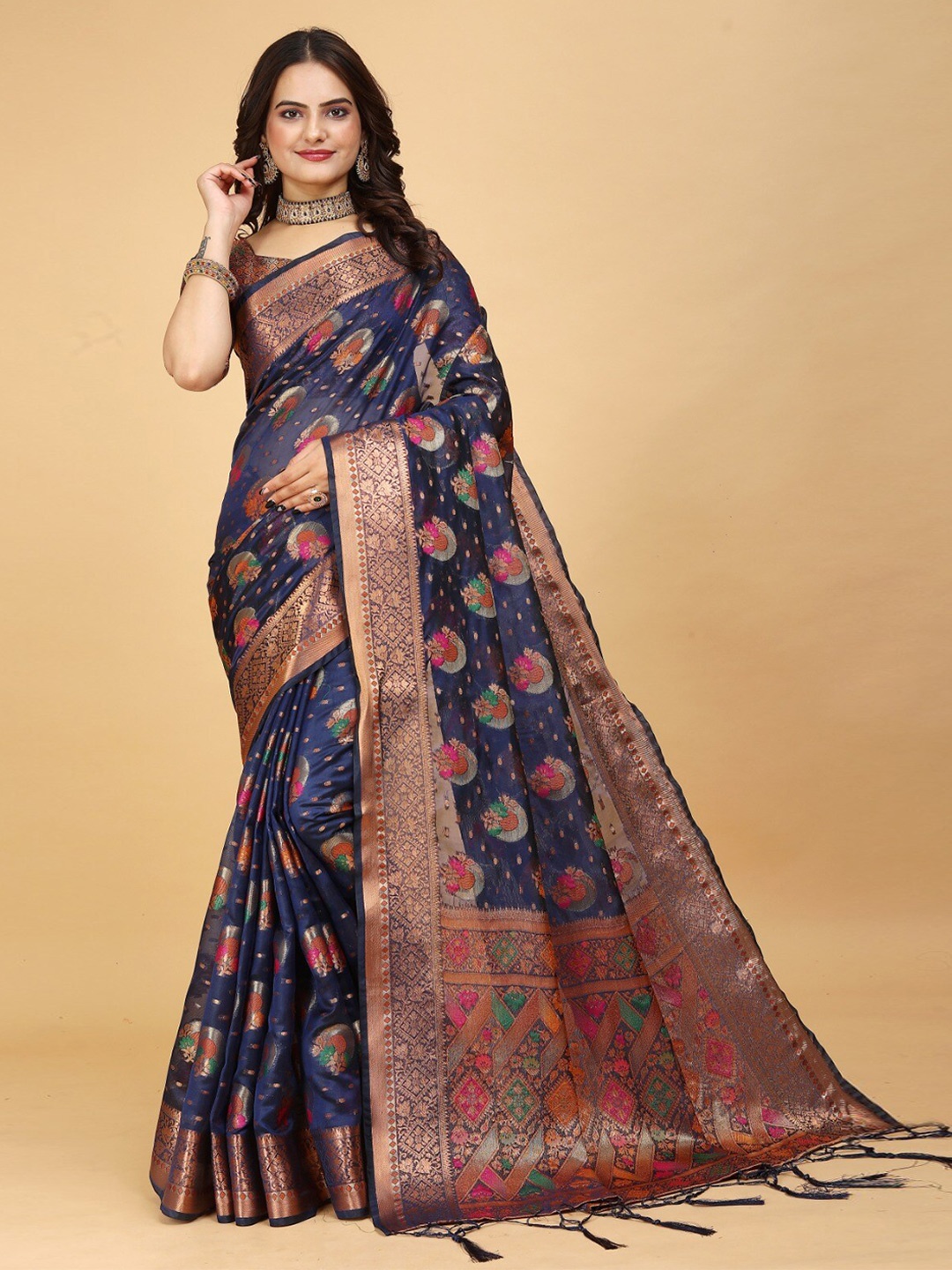 

K 5 Fashion Ethnic Motifs Woven Design Organza Zari Saree, Navy blue