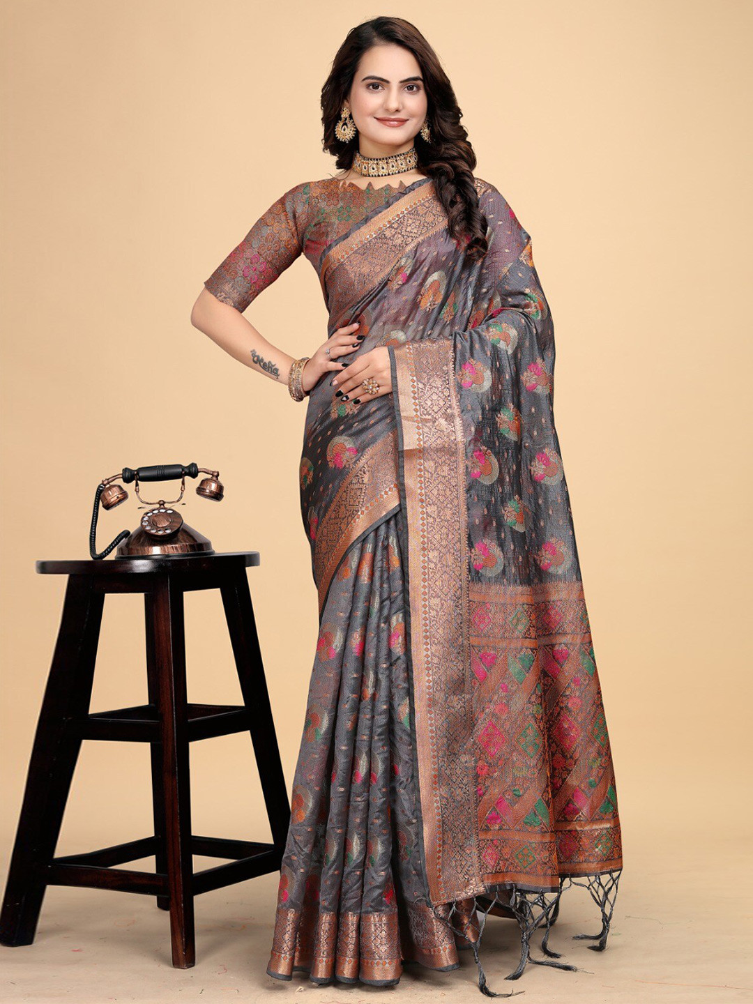 

K 5 Fashion Ethnic Motifs Woven Design Zari Organza Saree, Grey