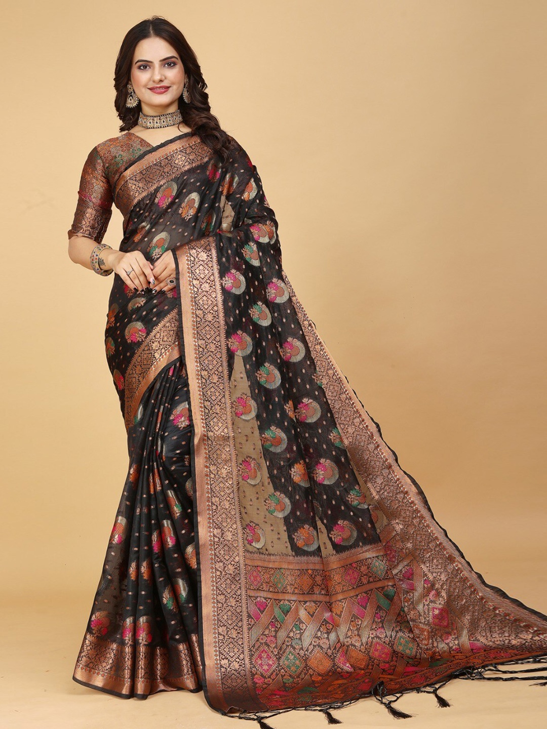 

K 5 Fashion Ethnic Motifs Woven Design Zari Organza Saree, Black