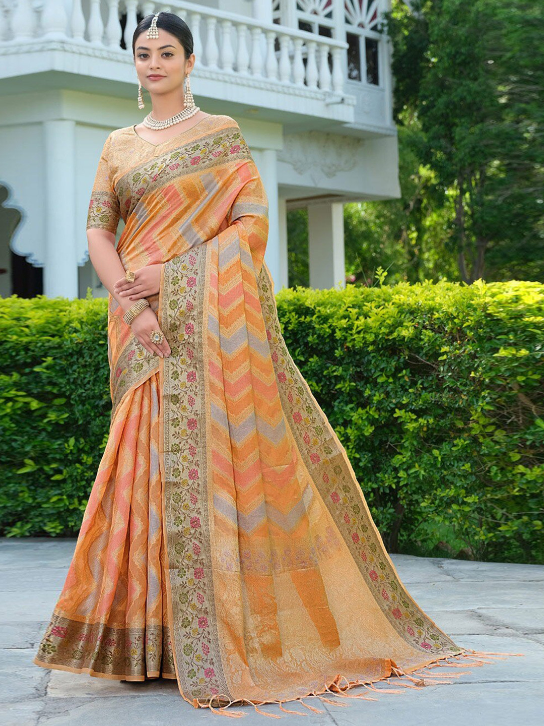 

K 5 Fashion Abstract Woven Design Zari Organza Saree, Orange