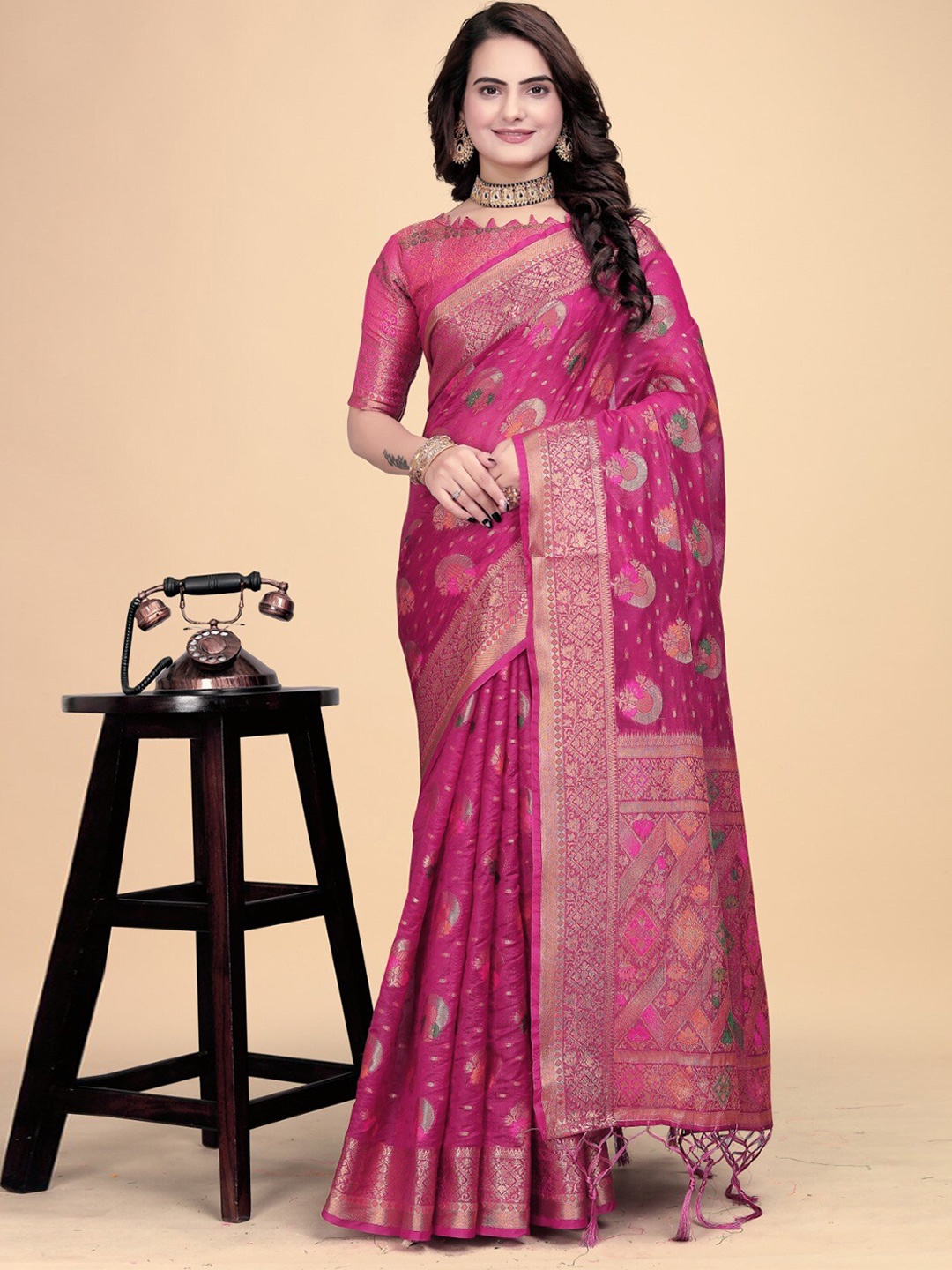 

K 5 Fashion Ethnic Motifs Woven Design Zari Organza Saree, Pink