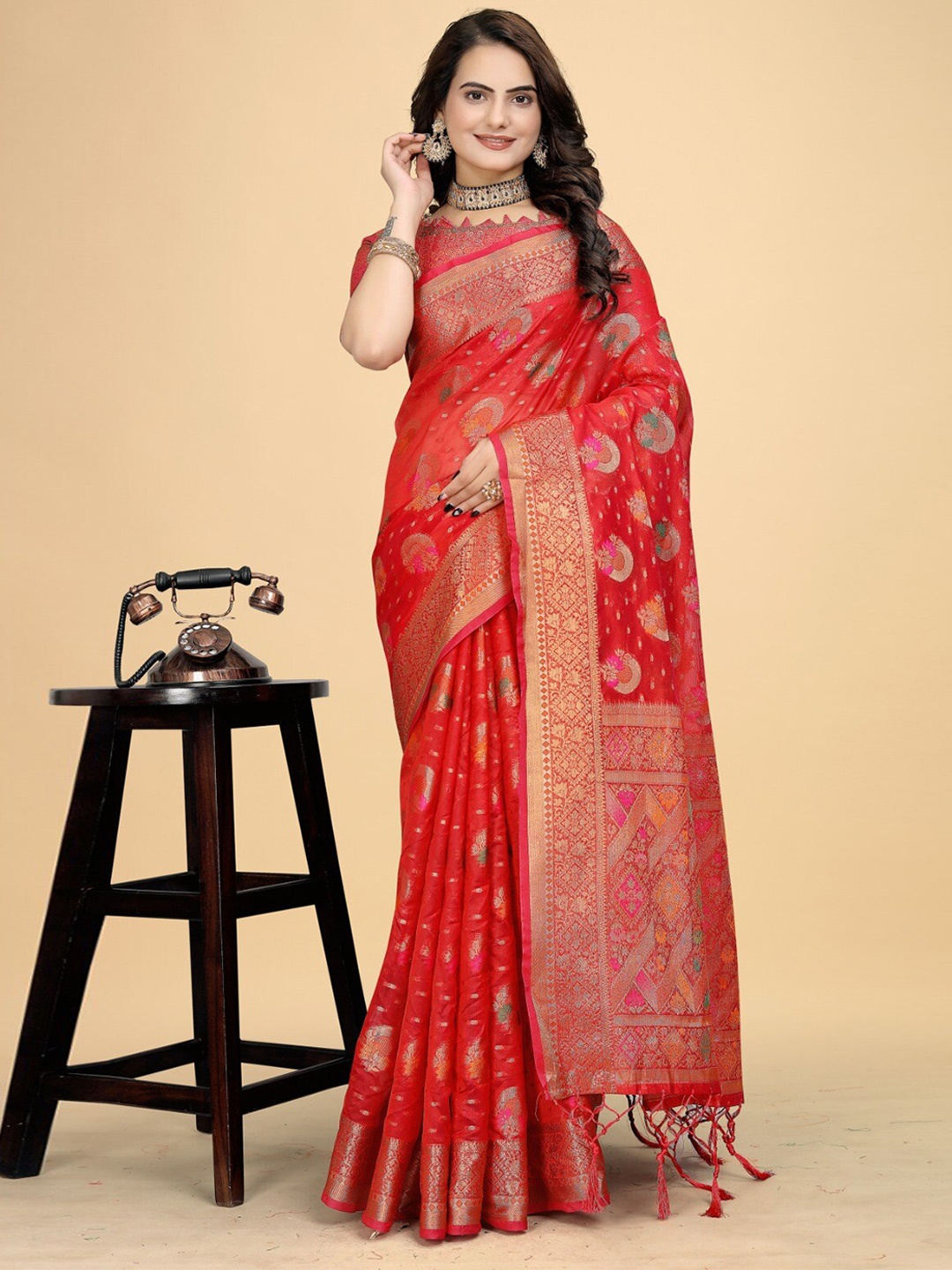 

K 5 Fashion Ethnic Motifs Woven Design Zari Organza Saree, Red