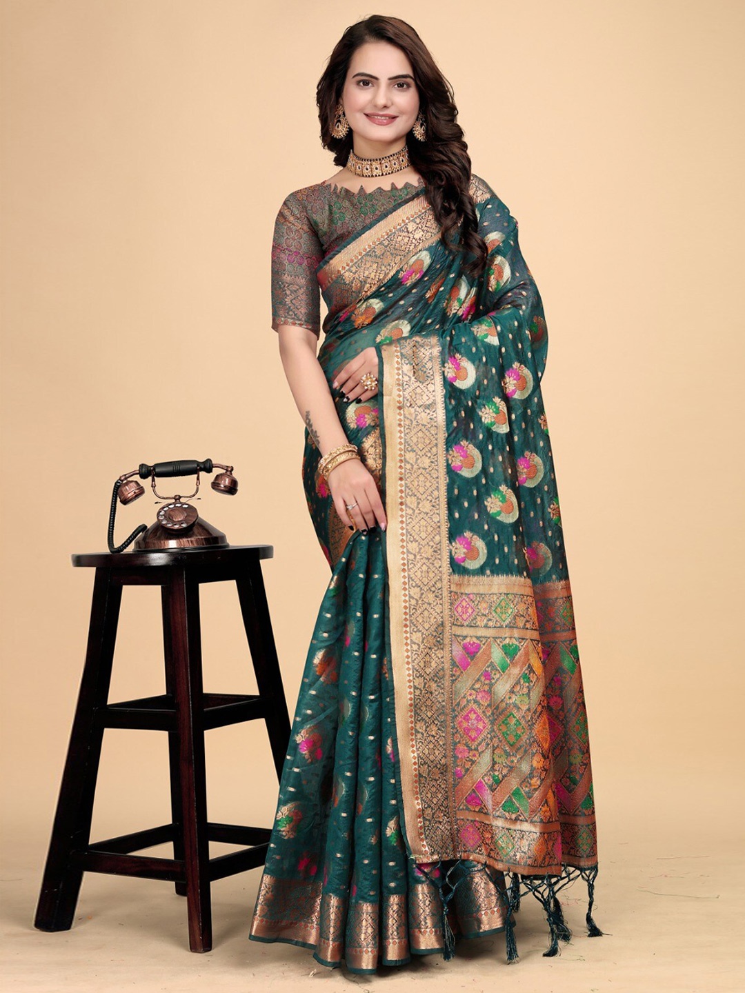 

K 5 Fashion Ethnic Motifs Woven Design Zari Organza Saree, Green