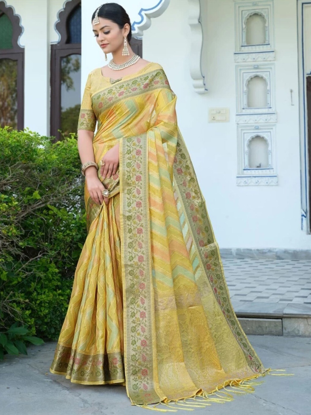 

K 5 Fashion Ethnic Motifs Woven Design Zari Organza Saree, Yellow