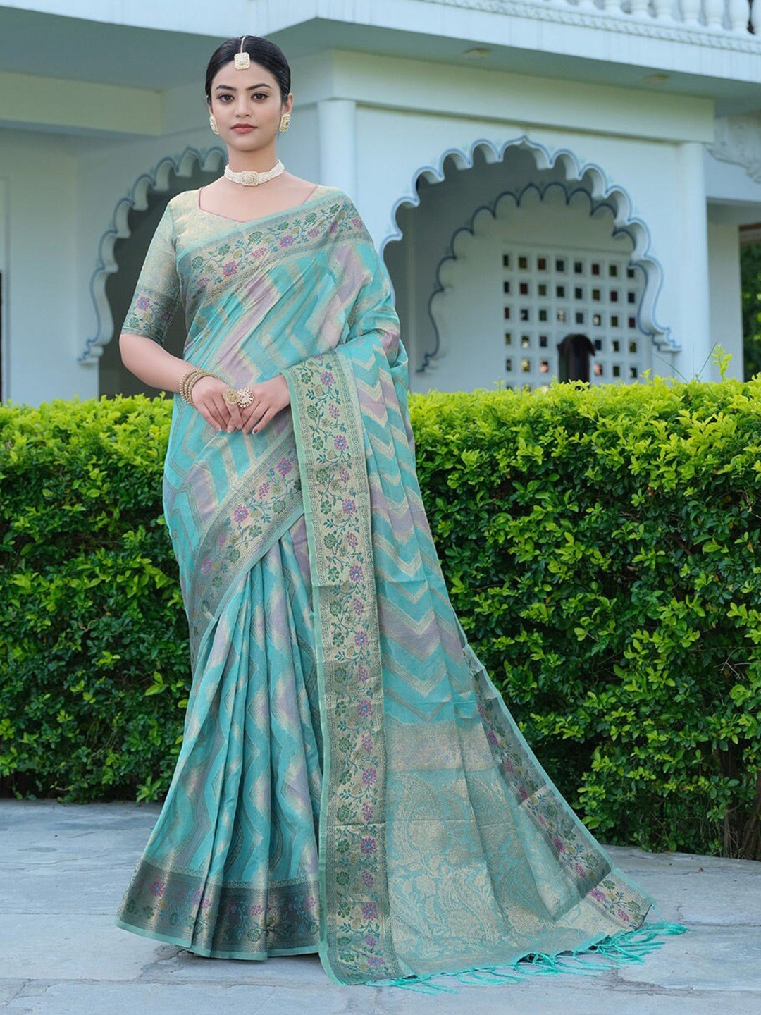 

K 5 Fashion Ethnic Motifs Woven Design Zari Organza Saree, Sea green