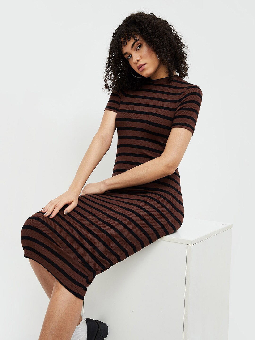 

Ginger by Lifestyle Striped Round Neck Straight Bodycon Dress, Brown