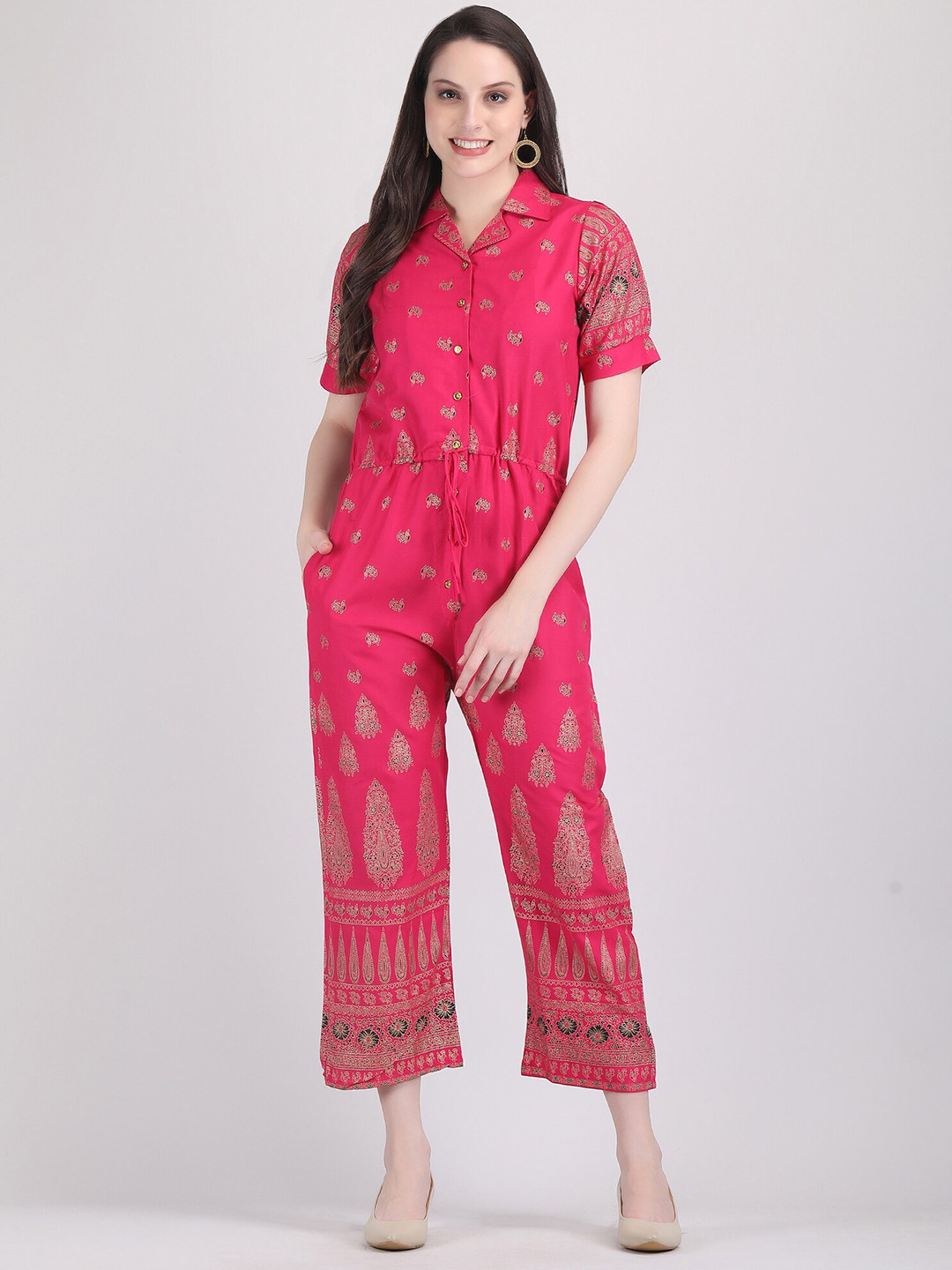 

ANUTTARA FASHIONS Printed Shirt Collar Waist Tie-Ups Basic Jumpsuit, Pink