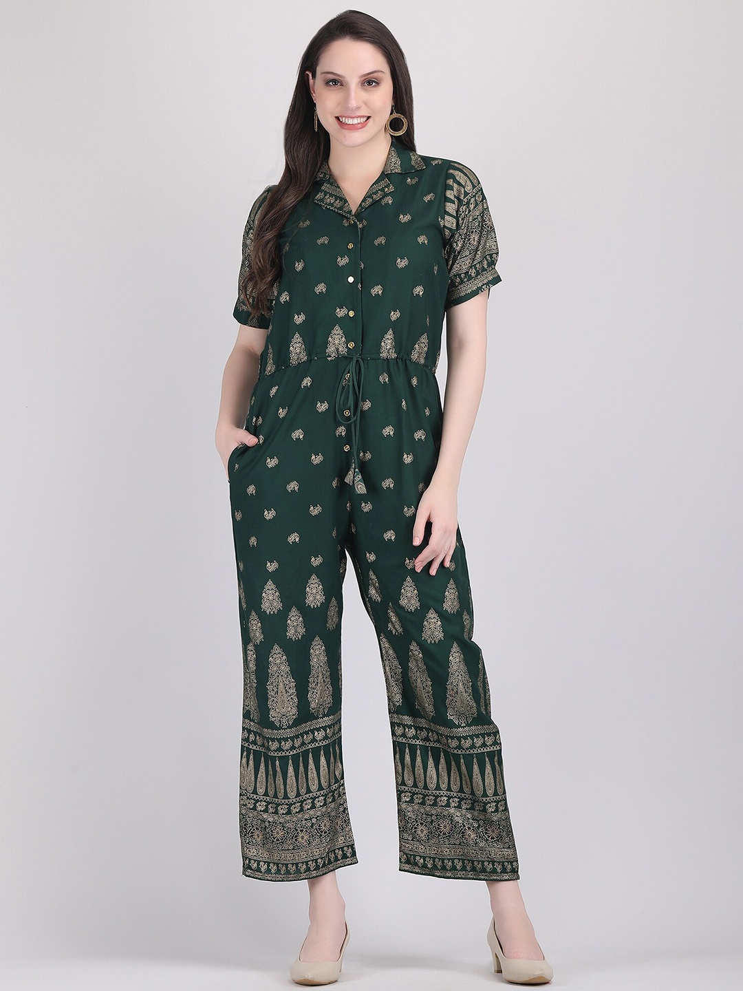 

ANUTTARA FASHIONS Ethnic Motifs Printed Lapel Collar Basic Jumpsuit, Green