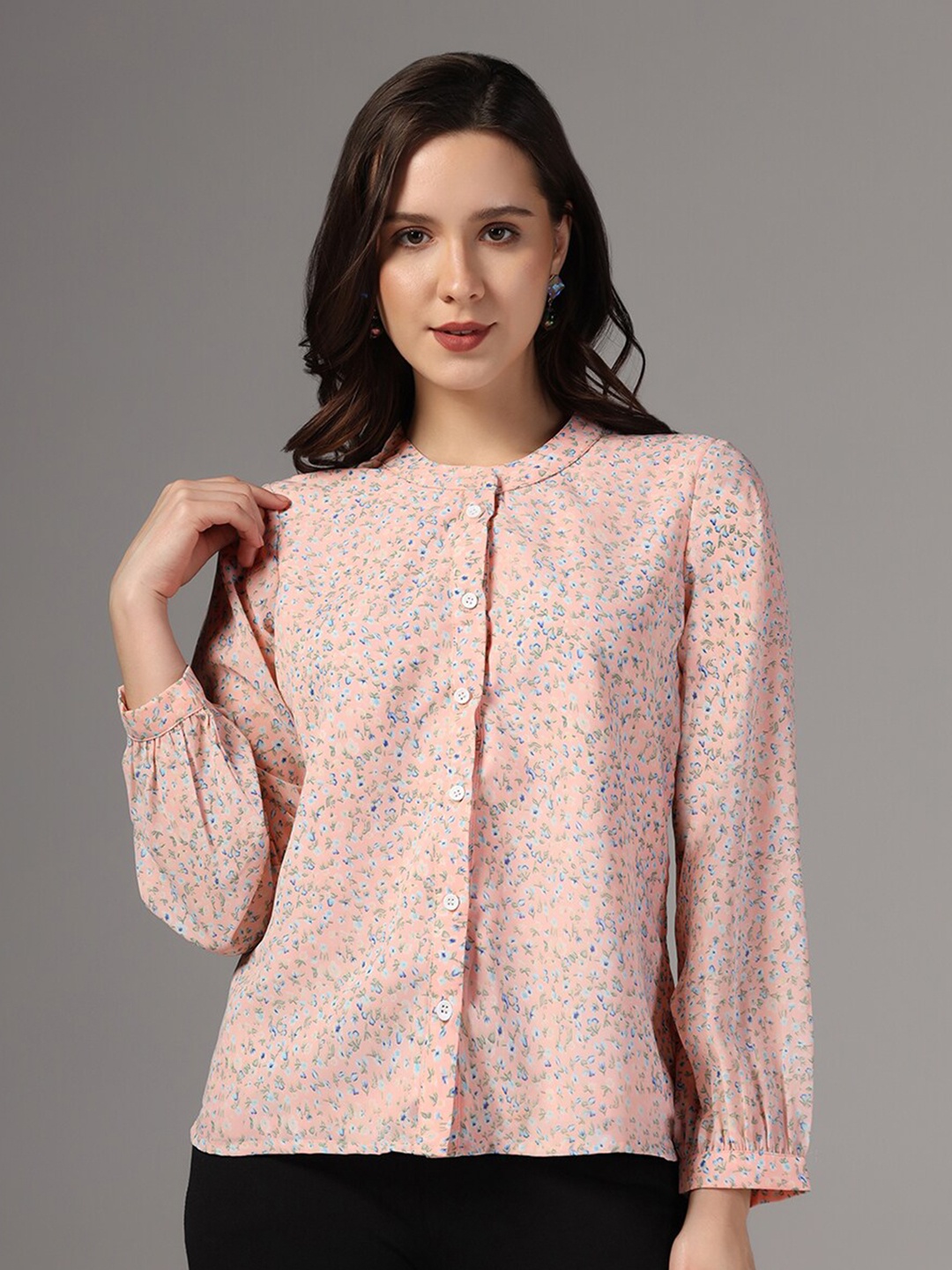 

FASHION DREAM Floral Print Mandarin Collar Georgette Shirt Style Top, Peach