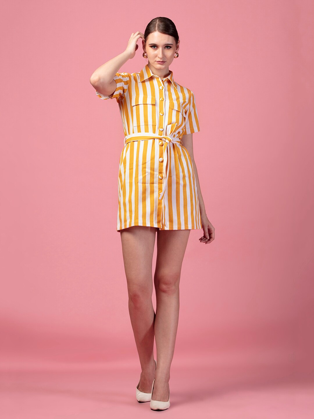 

De Novoo Striped Shirt Collar Cotton Denim Shirt Mini Dress With Belt, Yellow