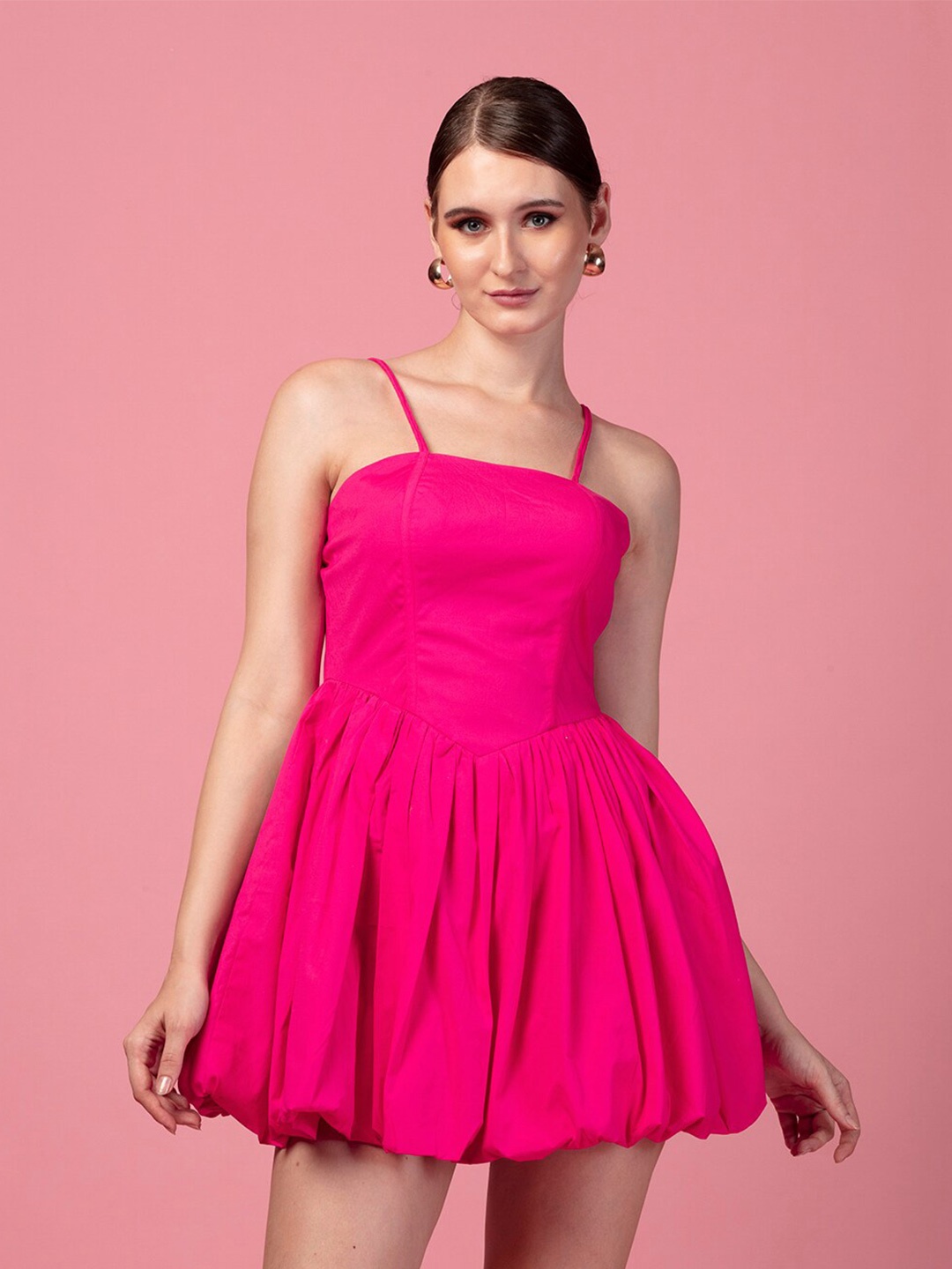 

De Novoo Shoulder Straps Pure Cotton Fit & Flare Mini Dress, Fuchsia