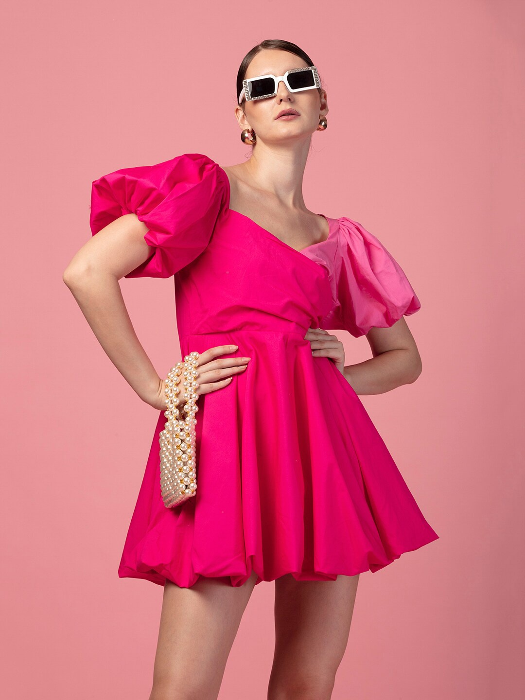 

De Novoo Sweetheart Neck Puff Sleeves Pure Cotton Fit & Flare Mini Dress, Fuchsia