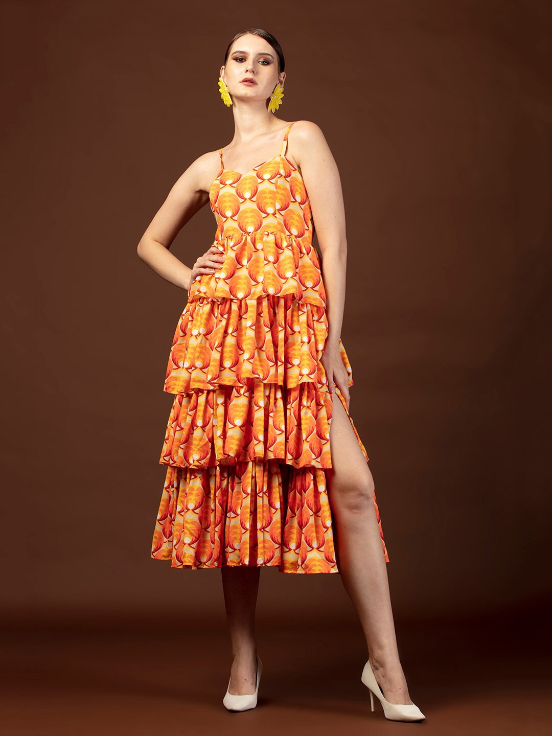 

De Novoo Geometric Printed Layered Detailed Fit & Flare Midi Dress, Orange