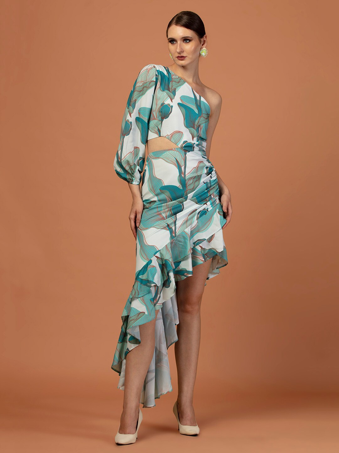 

De Novoo Tropical Printed One Shoulder Puff Sleeves Ruffles Detailed A-Line Dress, Sea green