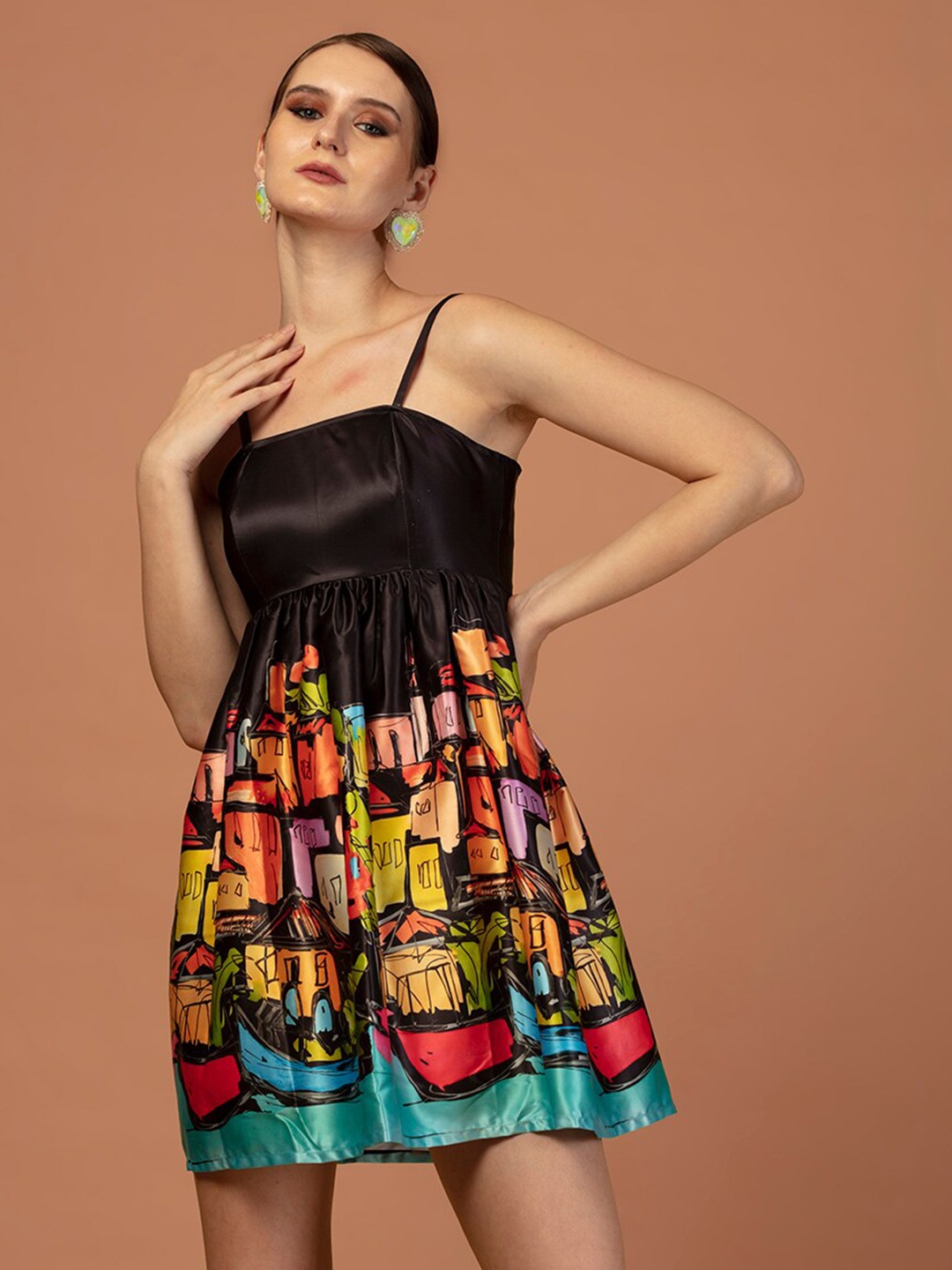 

De Novoo Abstract Printed Gathered Detailed Satin Fit & Flare Dress, Black