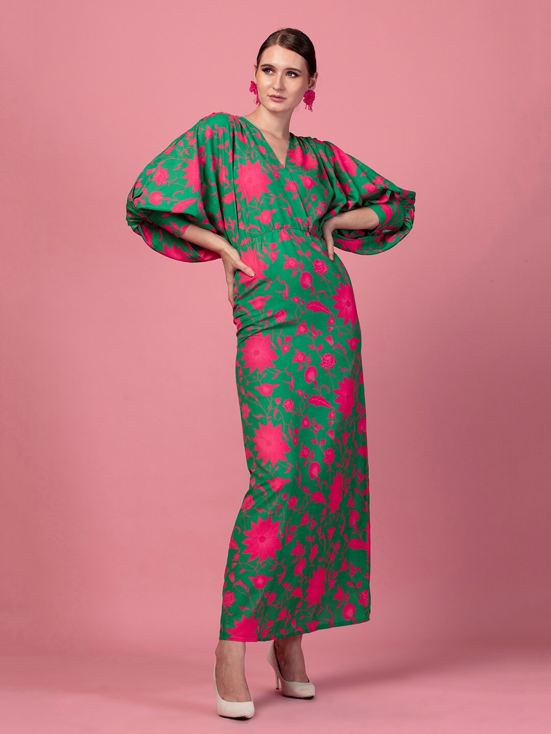 

De Novoo Floral Printed V-Neck Puff Sleeves Maxi Dress, Green