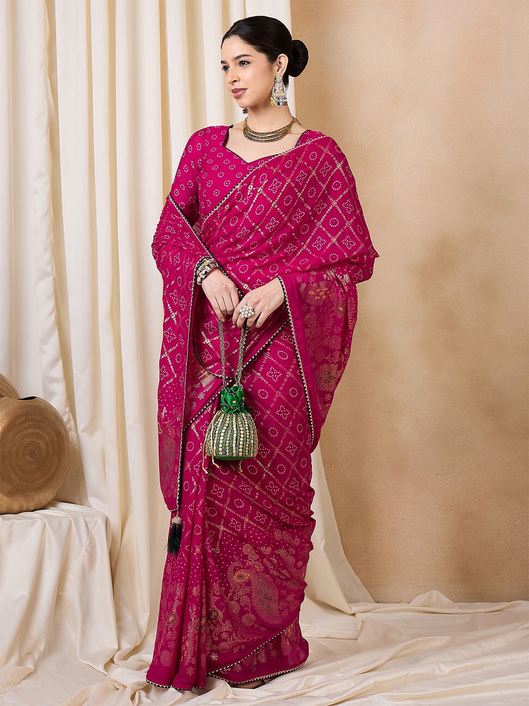 

KAVINDI Bandhani Gotta Patti Pure Georgette Saree, Pink