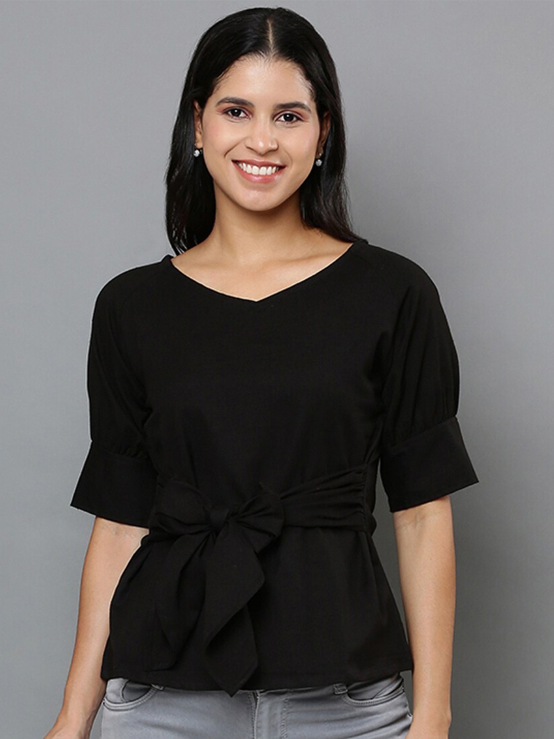 

Mast & Harbour V-Neck Extended Sleeves Tie-Ups Detail Pure Cotton Top, Black