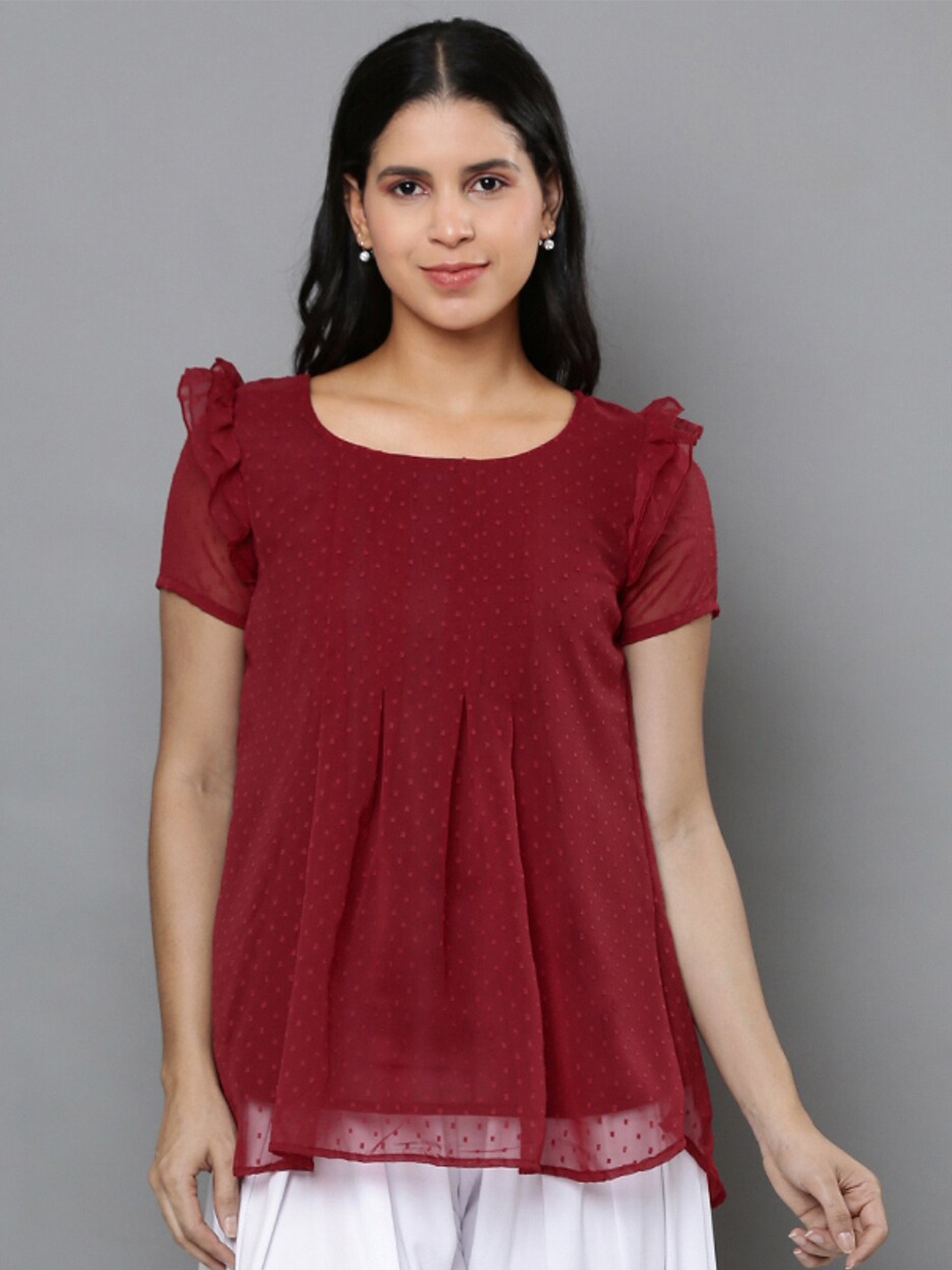 

Mast & Harbour Self Design Ruffles Detail Dobby Longline Top, Maroon